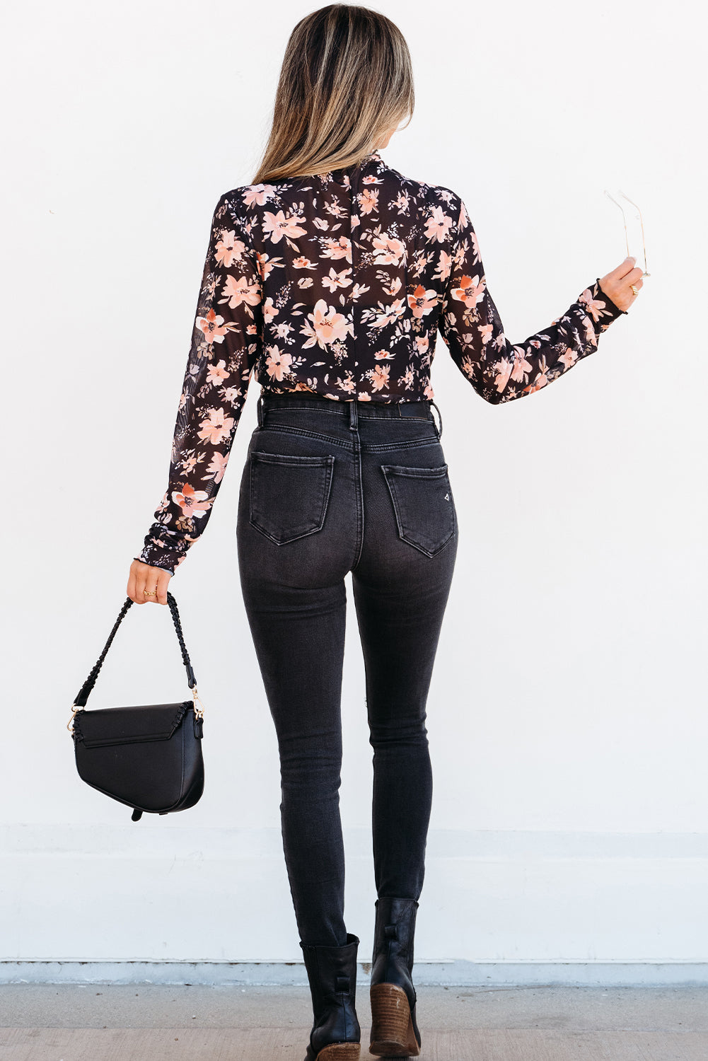 Blue Zone Planet | Black Floral Mesh Mock Neck Long Sleeve Slim Fit Top-Tops/Long Sleeve Tops-[Adult]-[Female]-2022 Online Blue Zone Planet