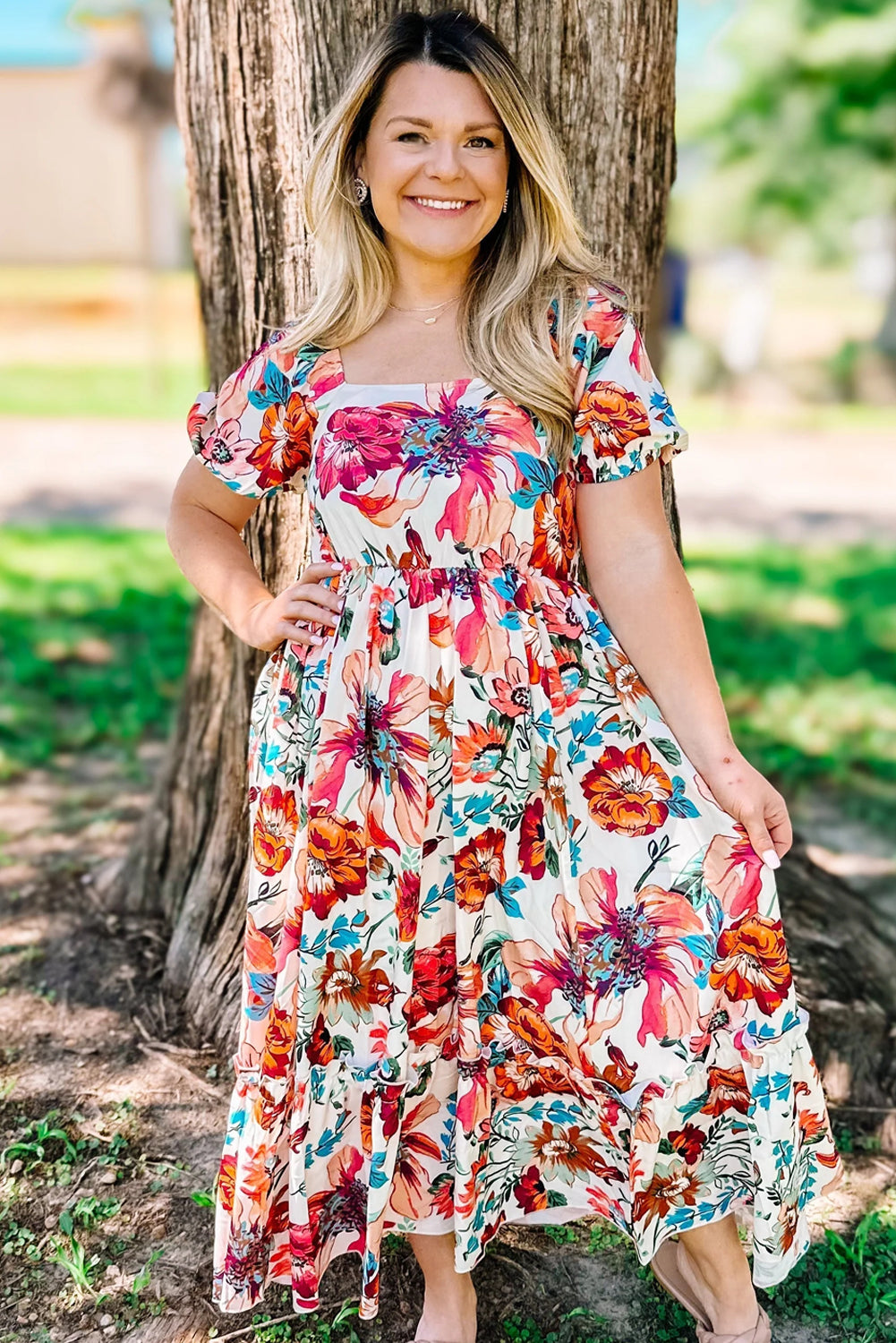 White Floral Square Neck Puff Sleeve Flowy Plus Size Midi Dress-TOPS / DRESSES-[Adult]-[Female]-2022 Online Blue Zone Planet