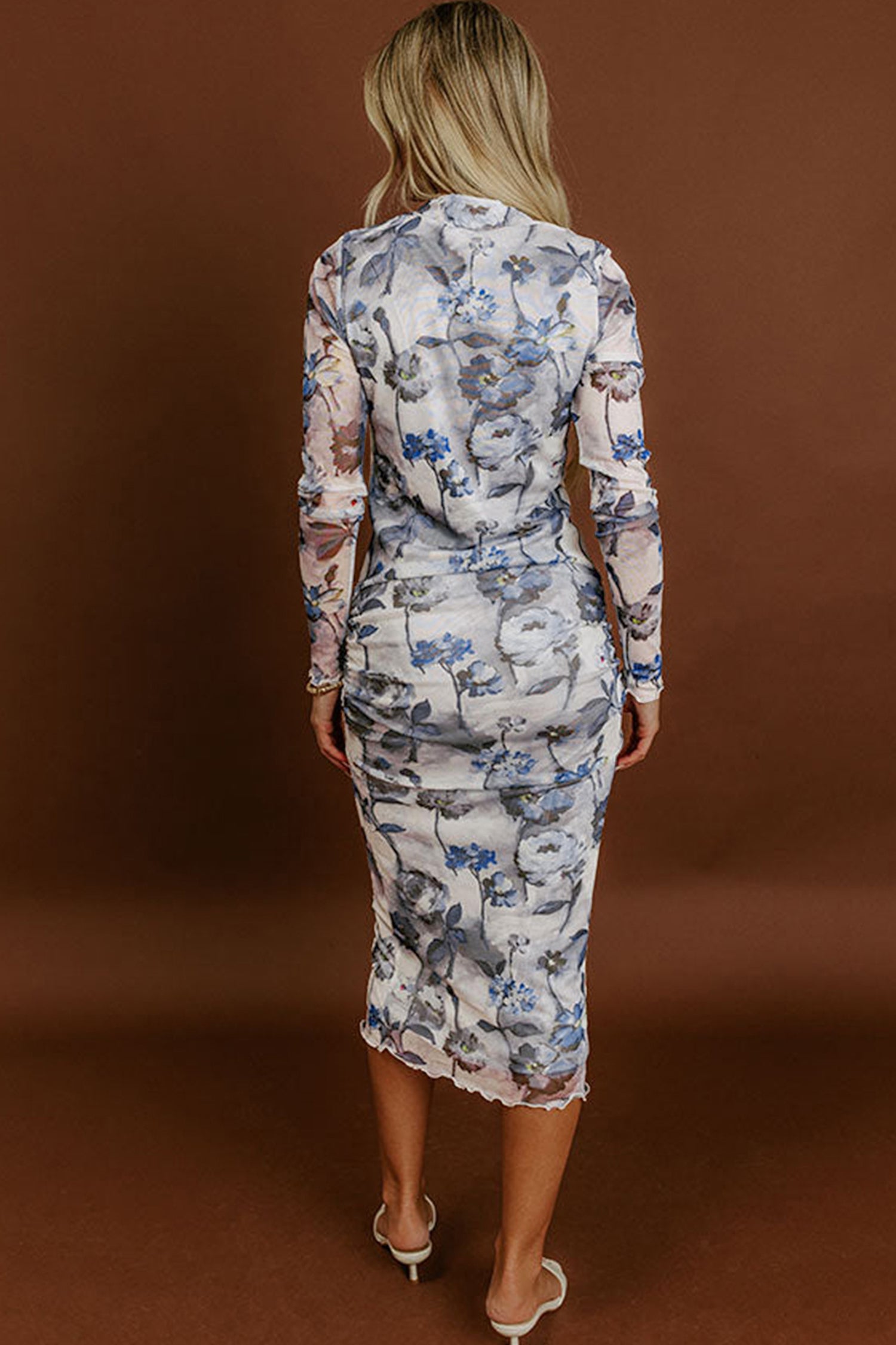 Sky Blue Floral Print Sheath Elegant Long Sleeve Dress-Dresses/Midi Dresses-[Adult]-[Female]-2022 Online Blue Zone Planet