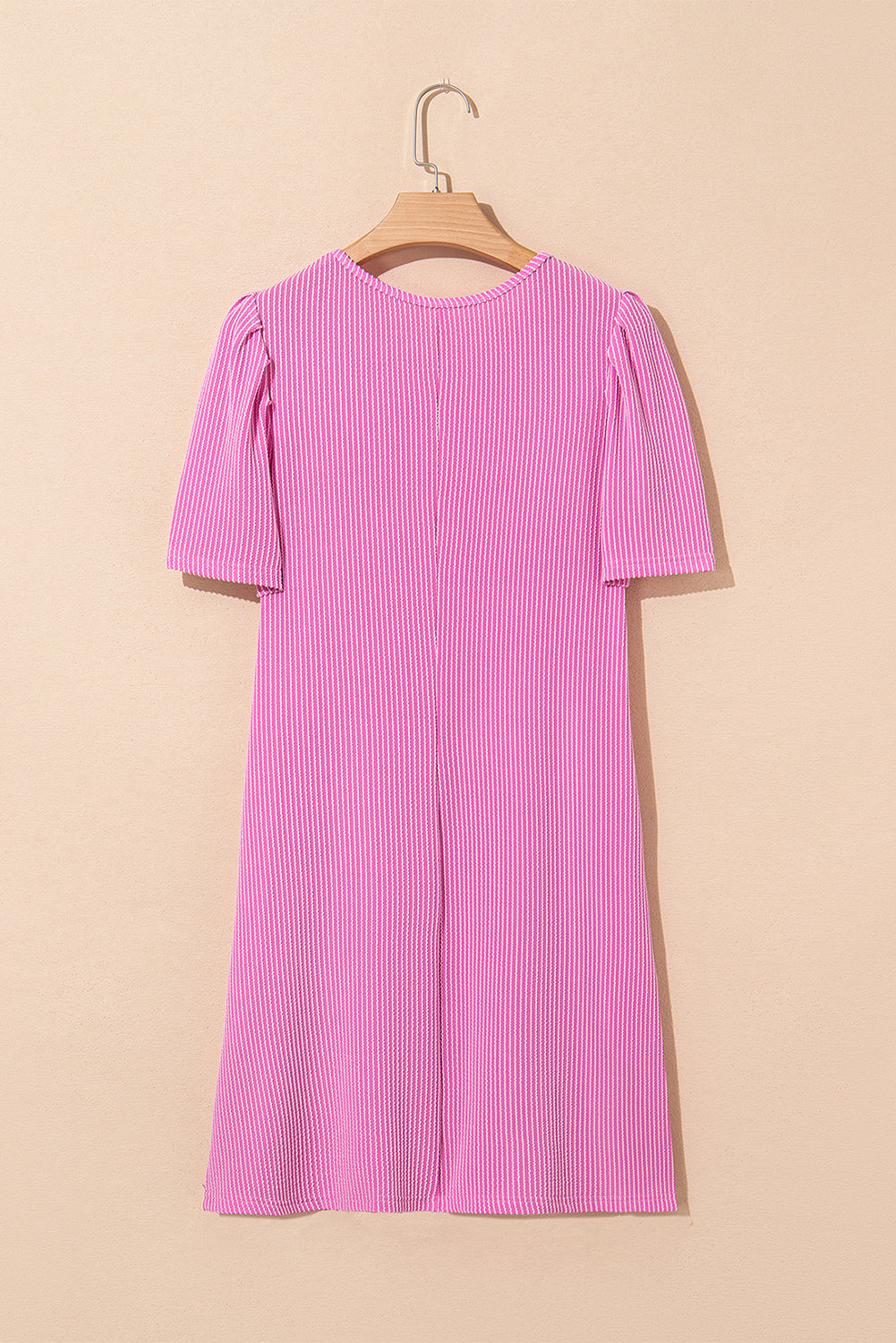 Bright Pink Corded Knit Crew Neck Puff Sleeve Shift Mini Dress-TOPS / DRESSES-[Adult]-[Female]-2022 Online Blue Zone Planet