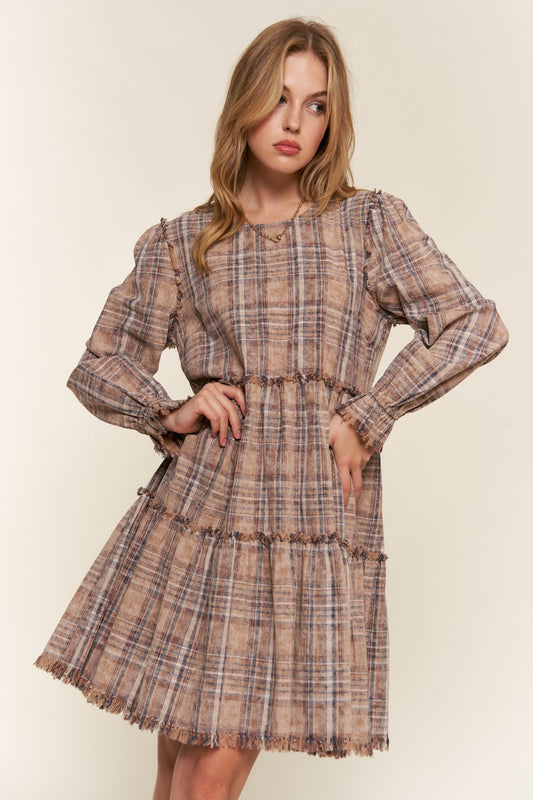 And The Why Full Size Washed Frayed Tiered Plaid Dress-TOPS / DRESSES-[Adult]-[Female]-Brown-S-2022 Online Blue Zone Planet