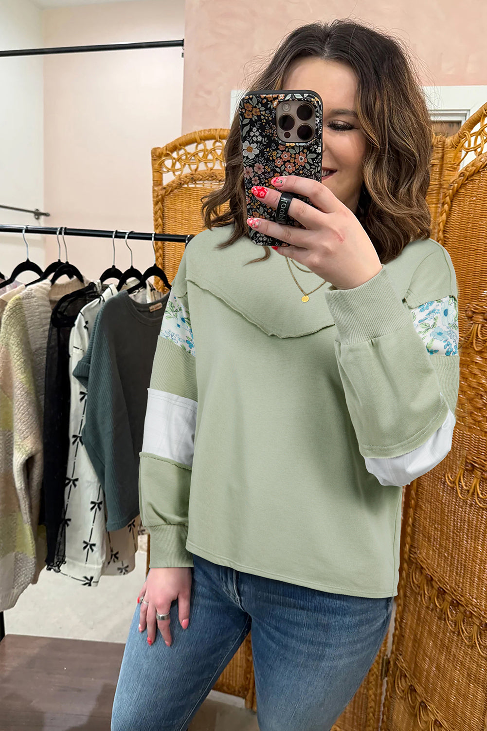 Laurel Green Floral Plaid Mixed Sleeve Raw Edge Relaxed French Terry Top-Tops/Long Sleeve Tops-[Adult]-[Female]-2022 Online Blue Zone Planet