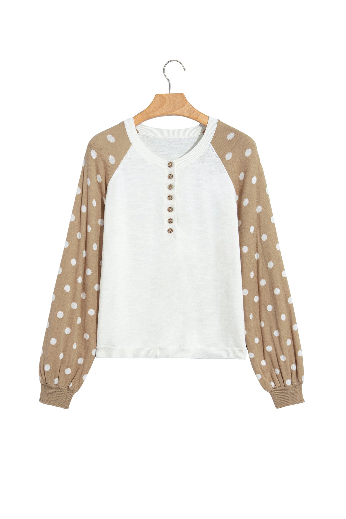 Khaki Polka Dot Contrast Long Sleeve Button V Neck Sweater-Sweaters & Cardigans/Sweaters-[Adult]-[Female]-2022 Online Blue Zone Planet