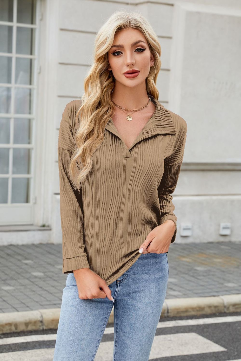Texture Collared Neck Long Sleeve Blouse-TOPS / DRESSES-[Adult]-[Female]-Taupe-S-2022 Online Blue Zone Planet
