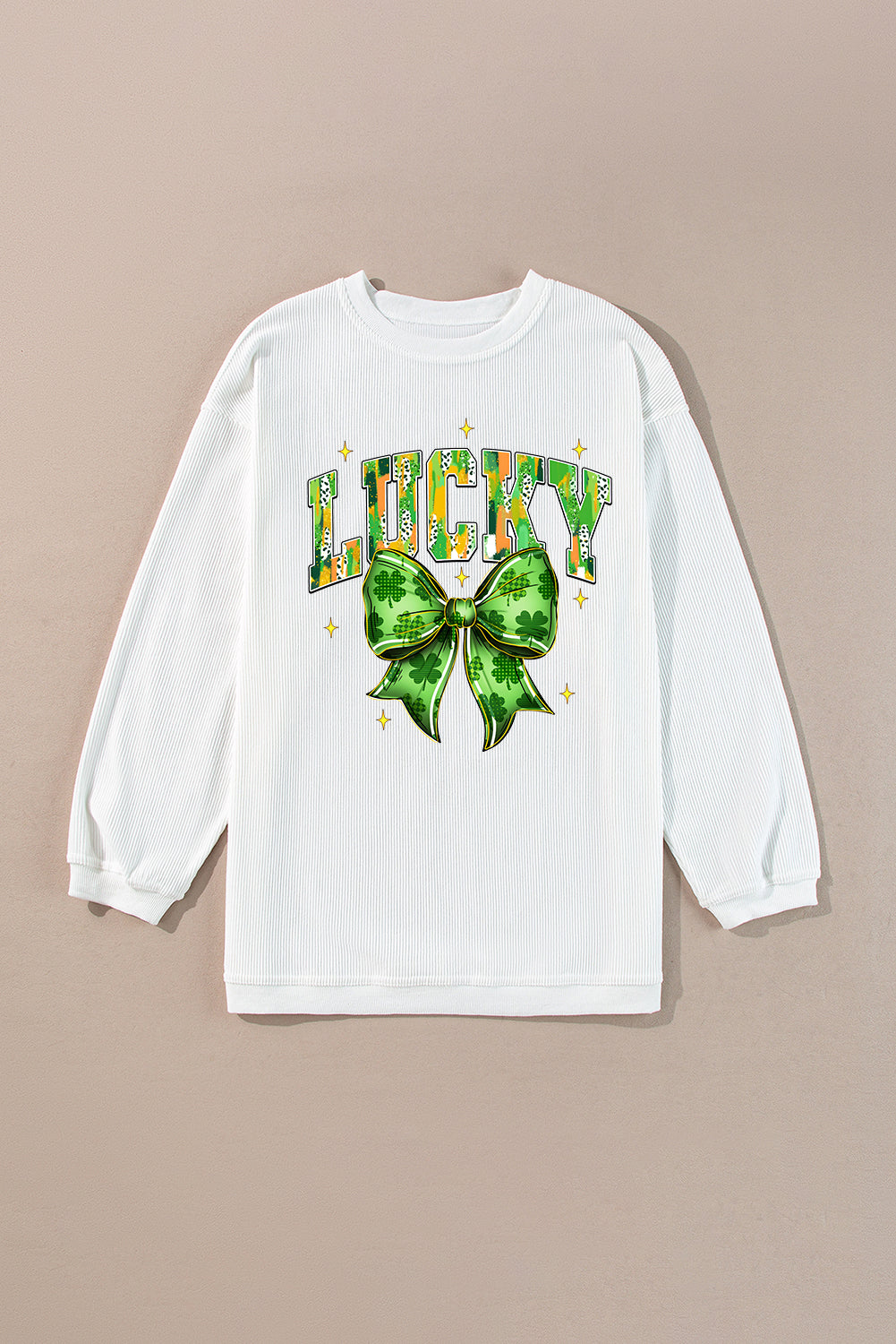 White LUCKY Clover Bow Printed St Patricks Corded Sweatshirt-Graphic Sweatshirts-[Adult]-[Female]-2022 Online Blue Zone Planet