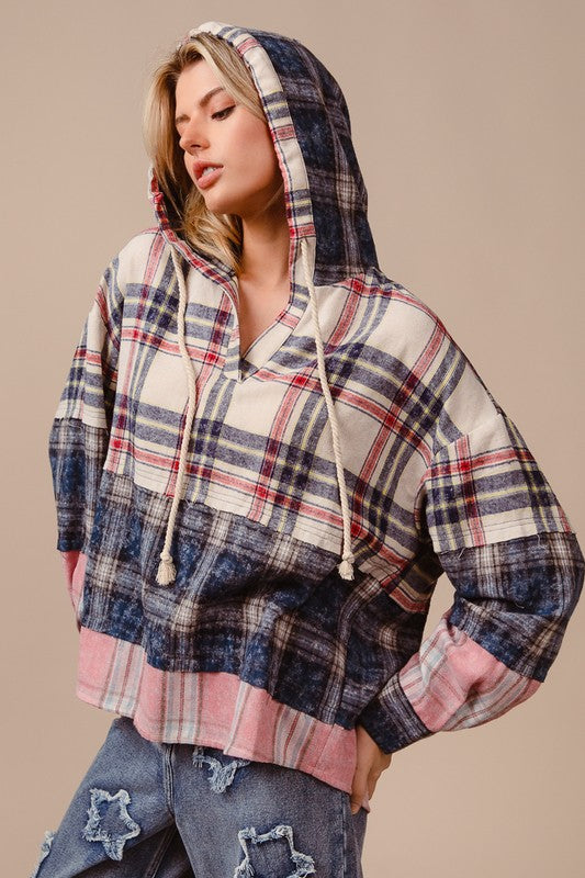 BiBi Drawstring Plaid Drop Shoulder Hoodie-TOPS / DRESSES-[Adult]-[Female]-2022 Online Blue Zone Planet