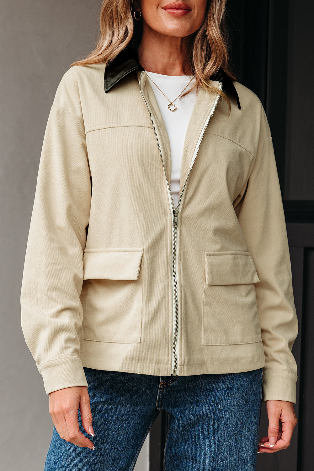 Parchment Contrast Leather Collar Textured Zip Up Jacket-Outerwear/Jackets-[Adult]-[Female]-2022 Online Blue Zone Planet
