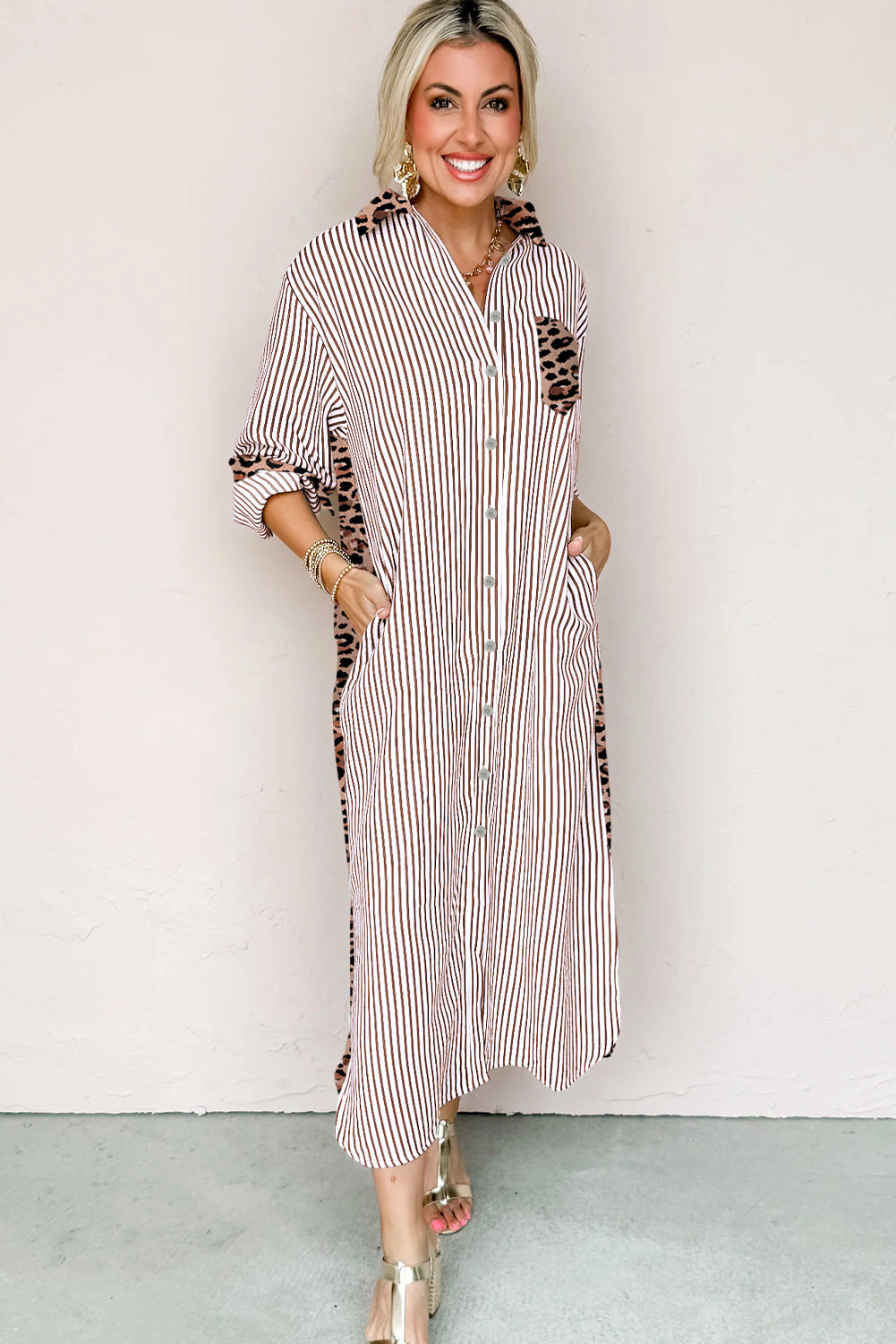 Brown Stripe Contrast Leopard Patchwork Long Shirt Dress with Slits-TOPS / DRESSES-[Adult]-[Female]-2022 Online Blue Zone Planet