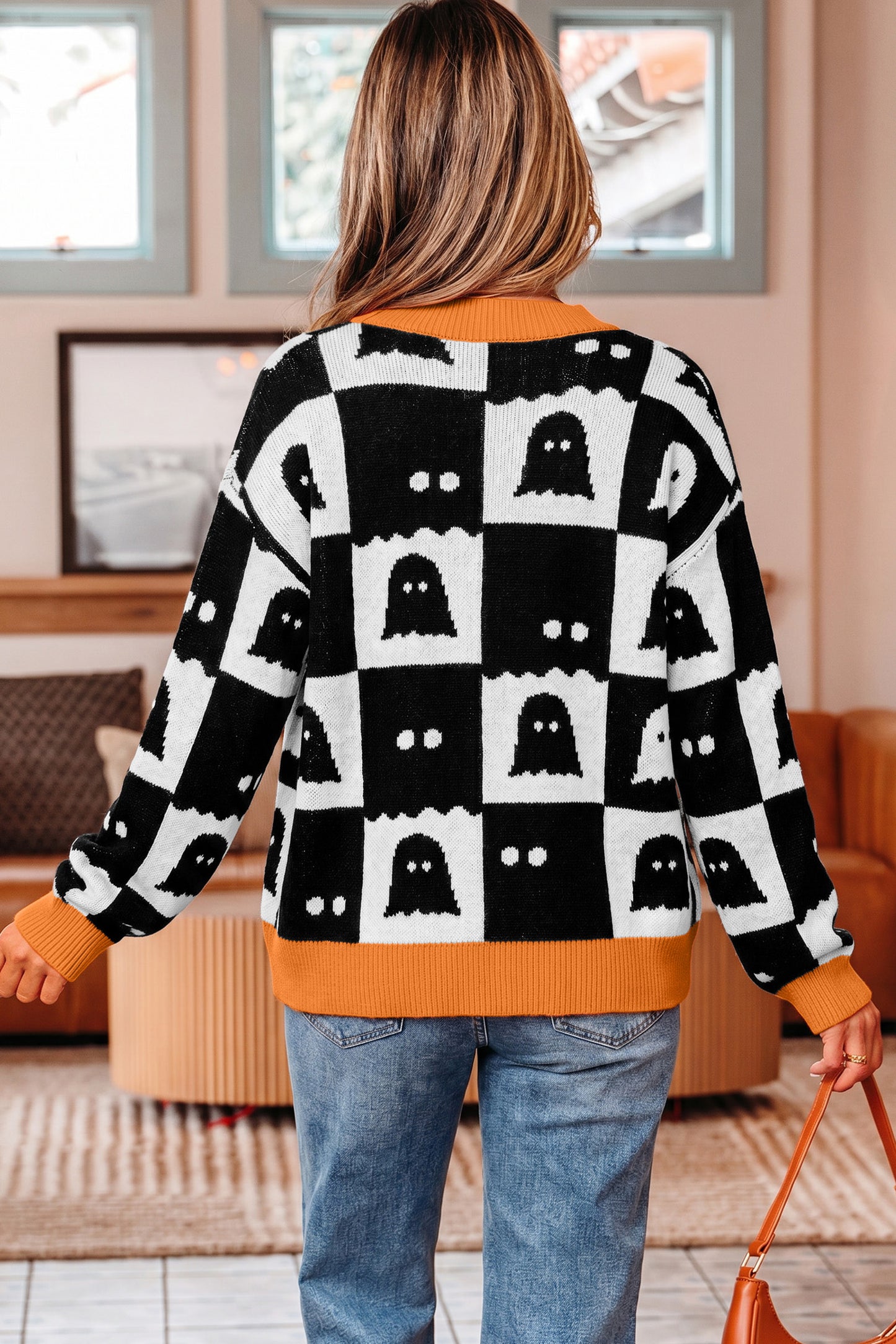 Black Geometric Ghost Print Drop Shoulder Knit Cardigan-Sweaters & Cardigans/Cardigans-[Adult]-[Female]-2022 Online Blue Zone Planet