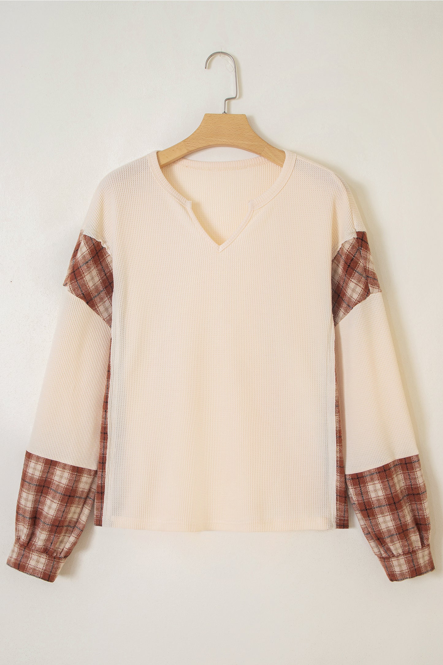 Beige Waffle Textured V Neck Plaid Colorblock Drop Shoulder Long Sleeve Top-Tops/Long Sleeve Tops-[Adult]-[Female]-2022 Online Blue Zone Planet