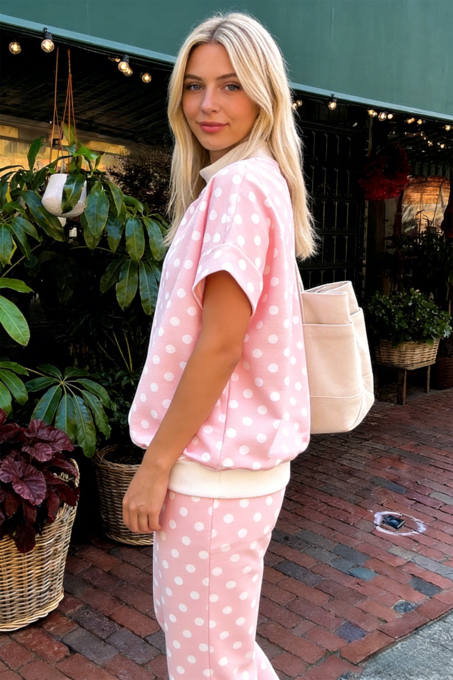 Pink Polka Dot Print Mock Neck Short Sleeve Top Shift Pant Set-Two Piece Sets/Pant Sets-[Adult]-[Female]-2022 Online Blue Zone Planet