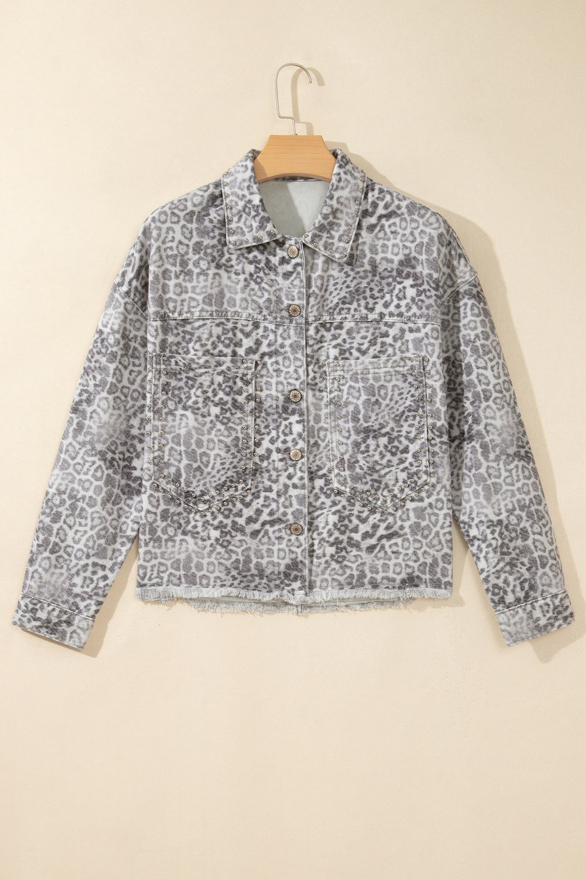 Khaki Leopard Print Studded Collar Studded Patch Pocket Denim Jacket-Outerwear/Denim jackets-[Adult]-[Female]-2022 Online Blue Zone Planet