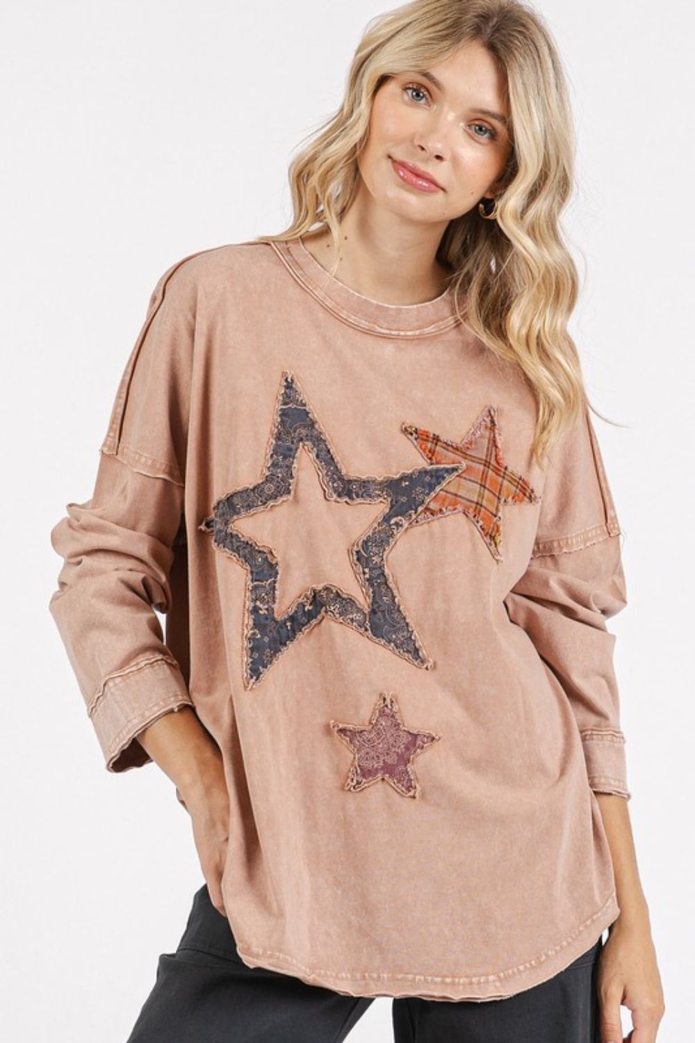 Mittoshop Mineral Wash Star Patch Long Sleeve T-Shirt-TOPS / DRESSES-[Adult]-[Female]-2022 Online Blue Zone Planet