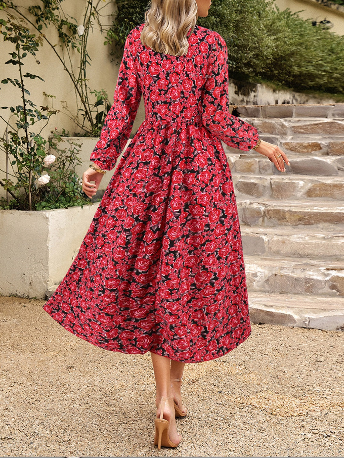 Floral V-Neck Long Sleeve Midi Dress-TOPS / DRESSES-[Adult]-[Female]-2022 Online Blue Zone Planet