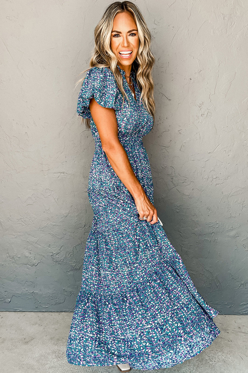 Blue Abstract Print Split V Neck Shirred High Waist Maxi Dress-Maxi Dresses-[Adult]-[Female]-2022 Online Blue Zone Planet