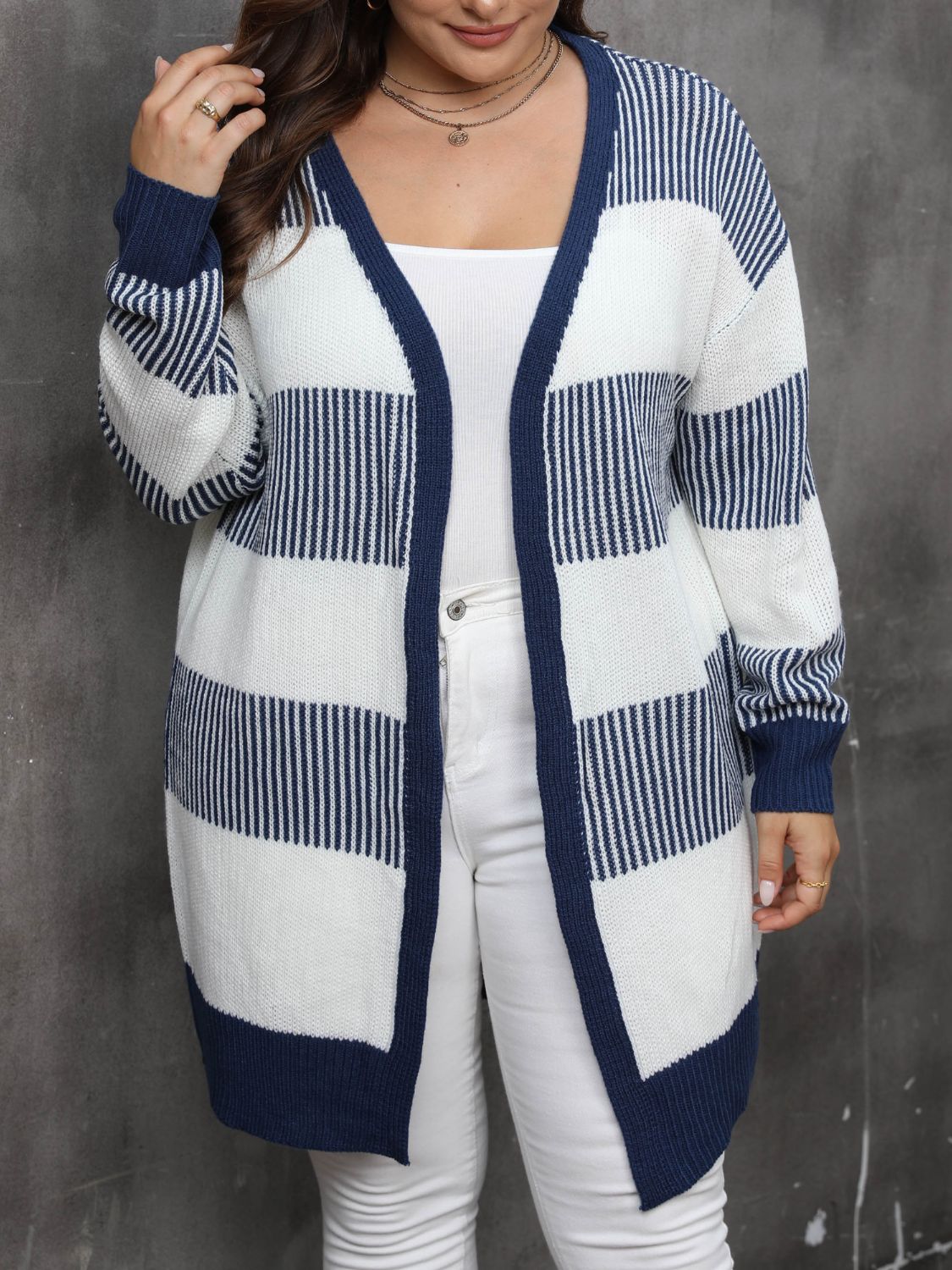 Plus Size Open Front Long Sleeve Cardigan-TOPS / DRESSES-[Adult]-[Female]-Dark Navy-0XL-2022 Online Blue Zone Planet