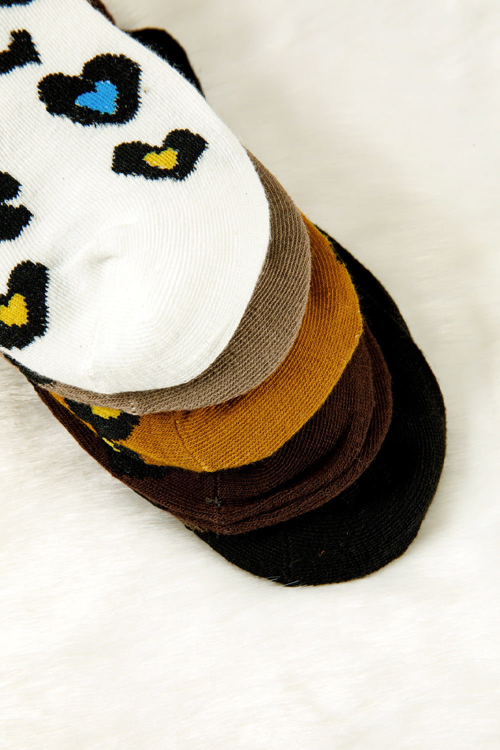 Bristol Black 5 Pairs Ribbed Trim Heart Leopard Print Socks-Socks-[Adult]-[Female]-2022 Online Blue Zone Planet