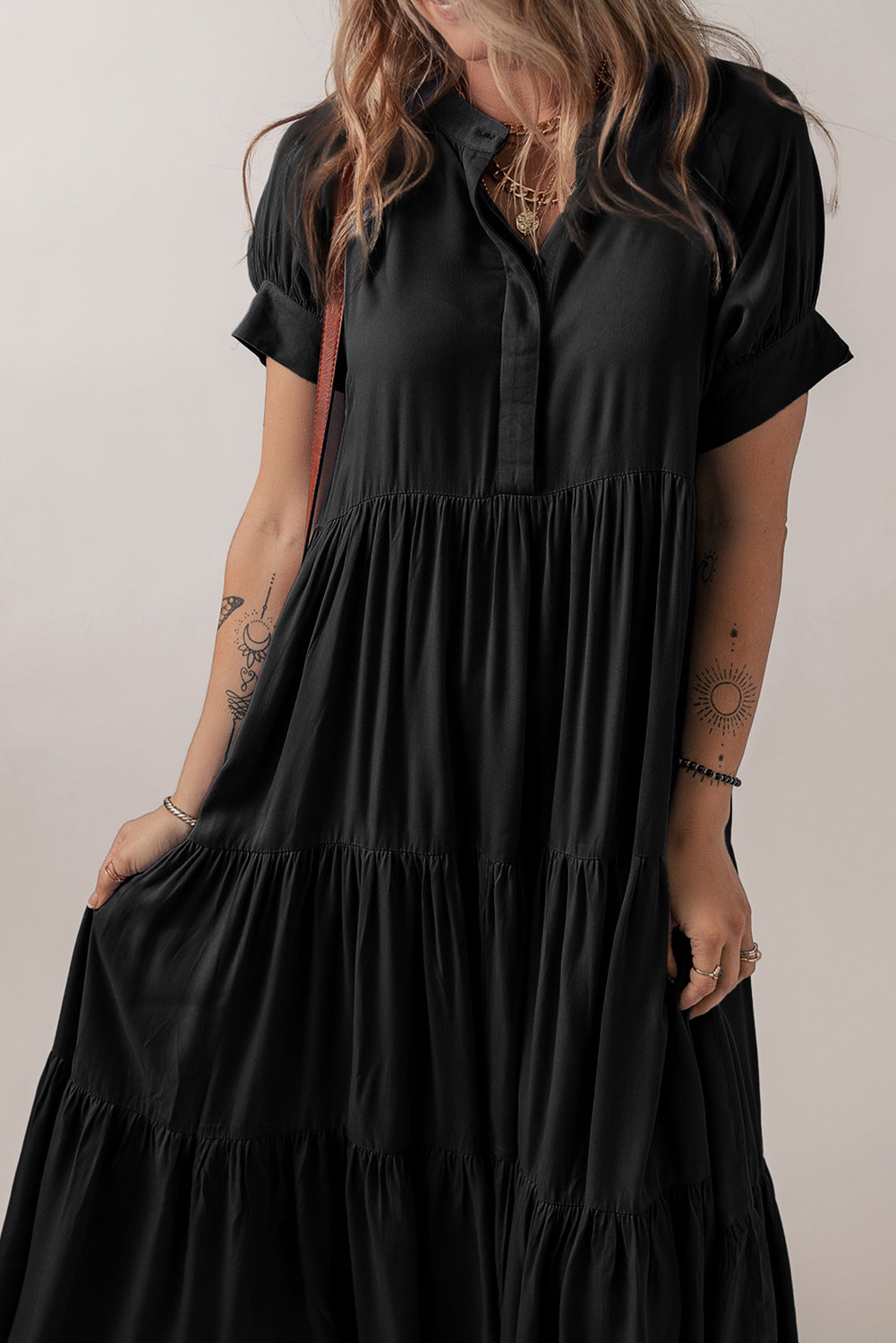 Black Hidden Buttons Short Sleeve Ruffle Tiered Long Flared Dress-TOPS / DRESSES-[Adult]-[Female]-2022 Online Blue Zone Planet