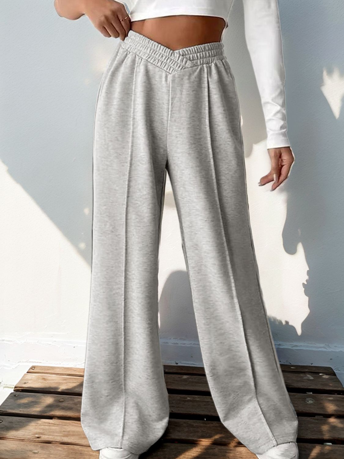 Blue Zone Planet | Perfee Elastic Waist Wide Leg Pants-BOTTOMS SIZES SMALL MEDIUM LARGE-[Adult]-[Female]-Light Gray-S-2022 Online Blue Zone Planet