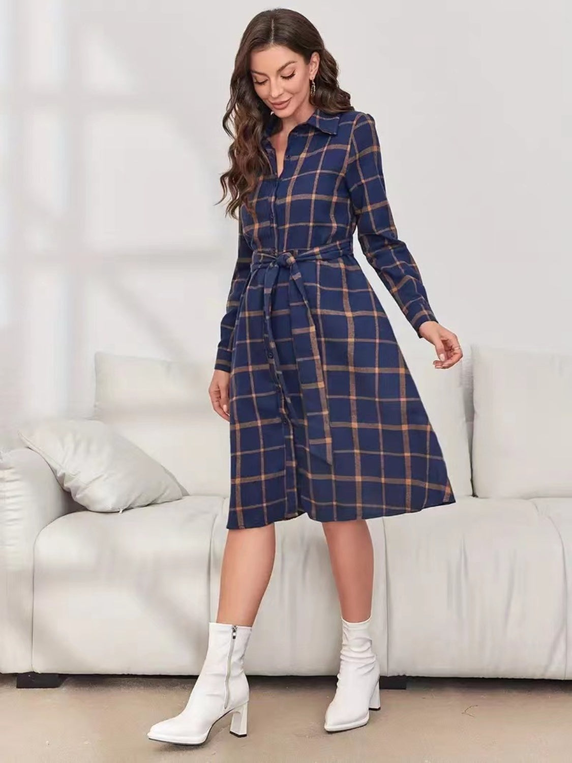 Plaid Tie Waist Long Sleeve Dress-TOPS / DRESSES-[Adult]-[Female]-2022 Online Blue Zone Planet