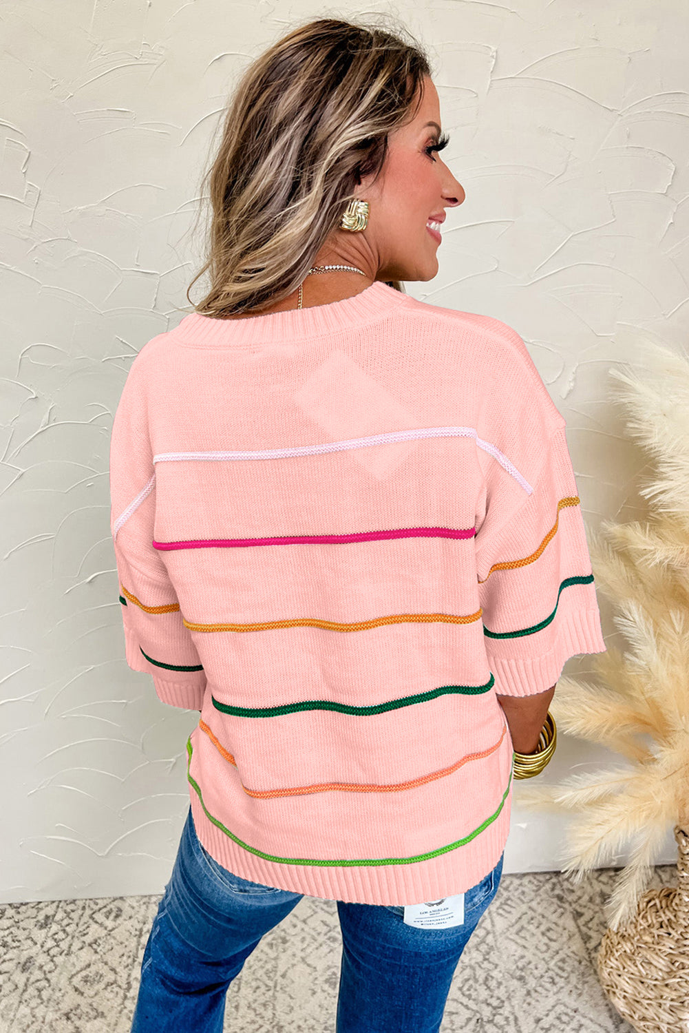 Pink Colorblock Striped Half Sleeve Drop Shoulder Sweater-Sweaters & Cardigans/Short Sleeve Sweaters-[Adult]-[Female]-2022 Online Blue Zone Planet