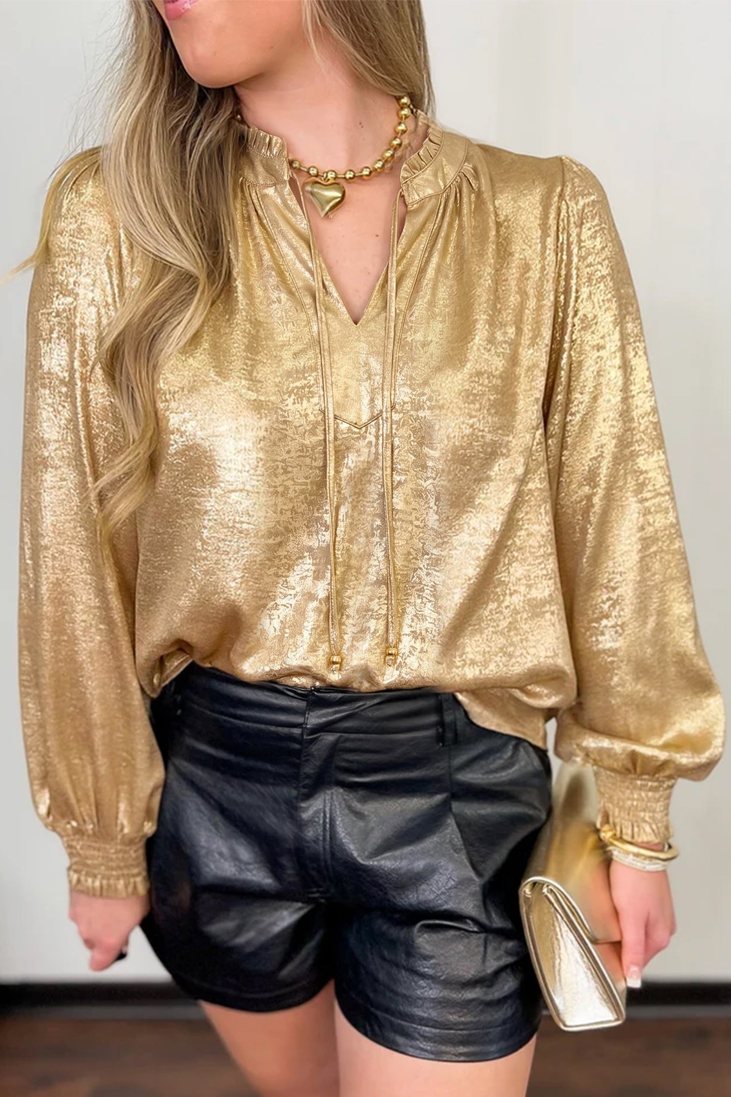 Gold Metallic Sheen V Neck Gathered Cuff Long Sleeve Blouse-Tops/Blouses & Shirts-[Adult]-[Female]-2022 Online Blue Zone Planet