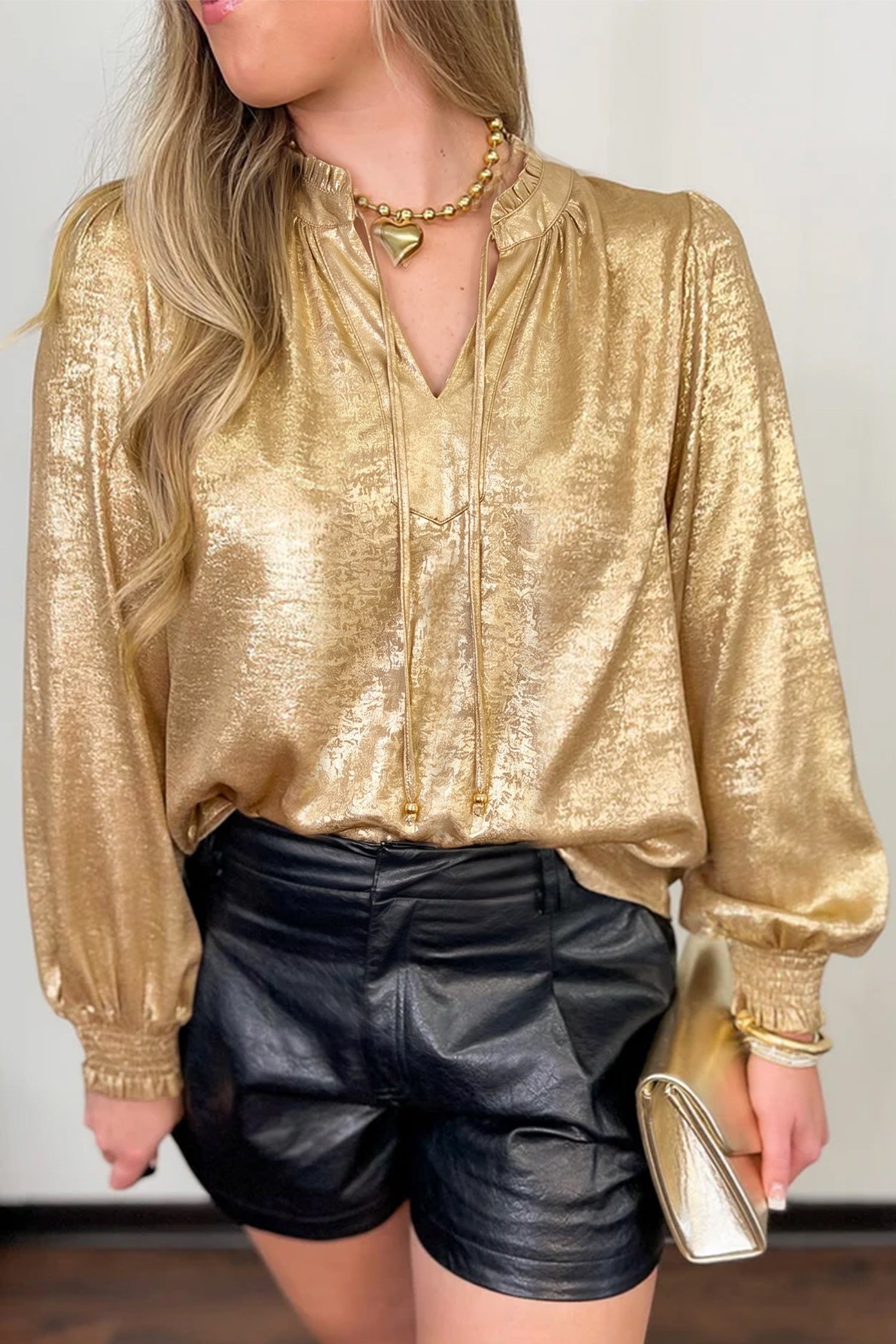 Gold Metallic Sheen V Neck Gathered Cuff Long Sleeve Blouse-Tops/Blouses & Shirts-[Adult]-[Female]-2022 Online Blue Zone Planet