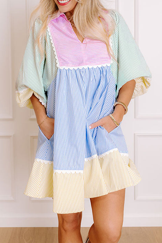 Multicolour Striped Patchwork Ric Rac Puff Sleeve Collared Mini Dress-TOPS / DRESSES-[Adult]-[Female]-Multicolour-S-2022 Online Blue Zone Planet