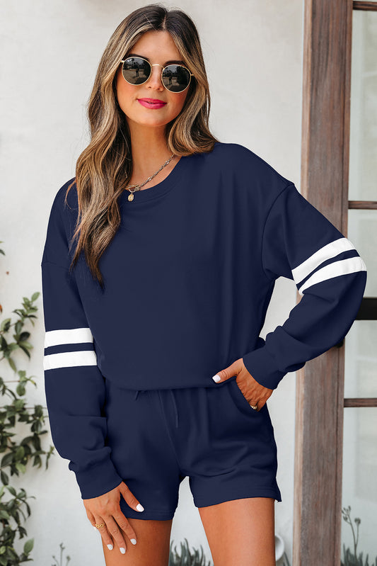 Navy Blue Varsity Striped Sleeve Drop Shoulder Sweatshirt and Short Set-Two Piece Sets/Short Sets-[Adult]-[Female]-Navy Blue-S-2022 Online Blue Zone Planet