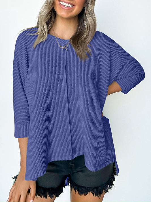 Lovelet Textured Round Neck Three-Quarter Sleeve Blouse-TOPS / DRESSES-[Adult]-[Female]-Light Indigo-S-2022 Online Blue Zone Planet