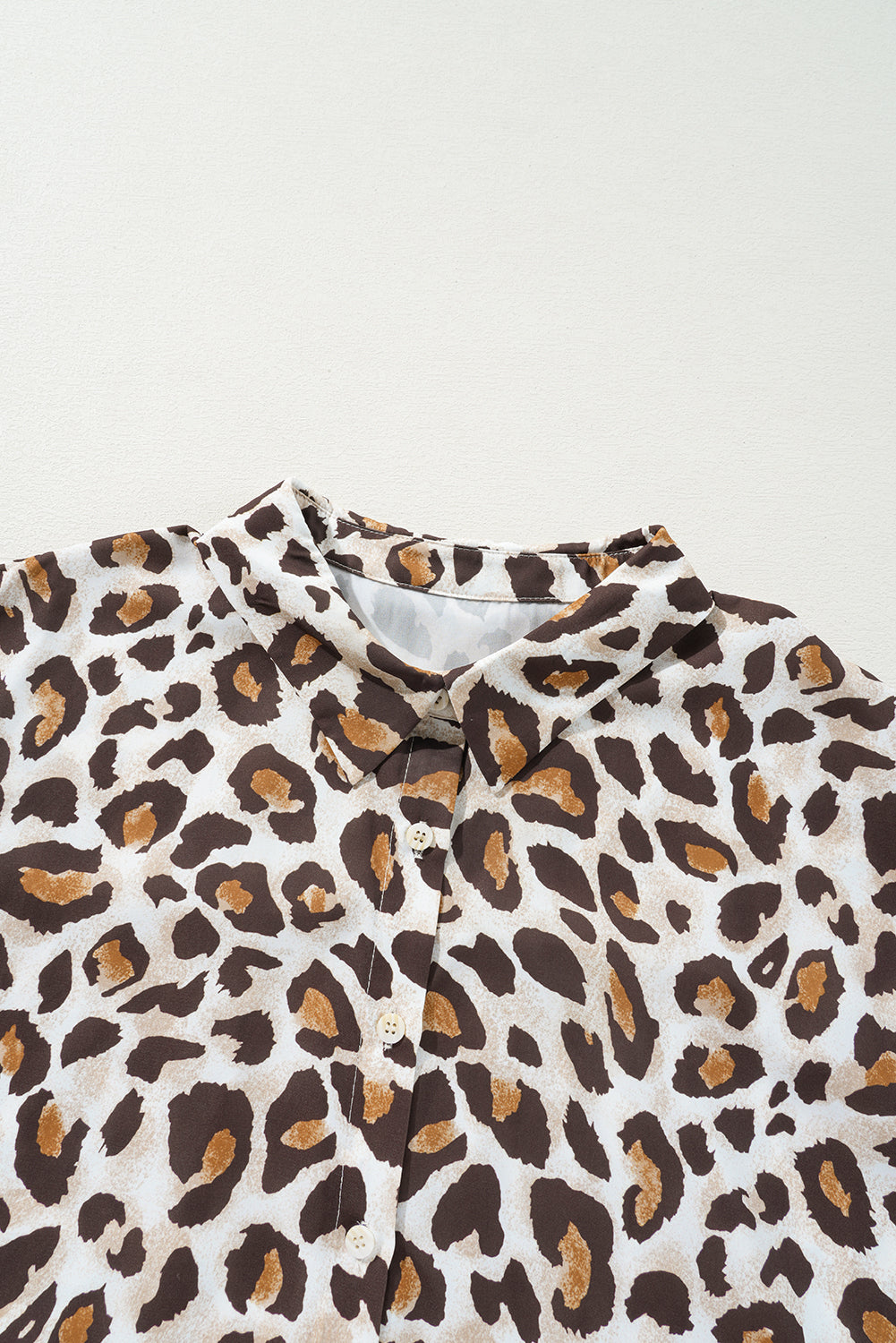 Khaki Plus Size Leopard Print Short Sleeve Buttoned Shirt-Plus Size/Plus Size Tops/Plus Size Blouses & Shirts-[Adult]-[Female]-2022 Online Blue Zone Planet
