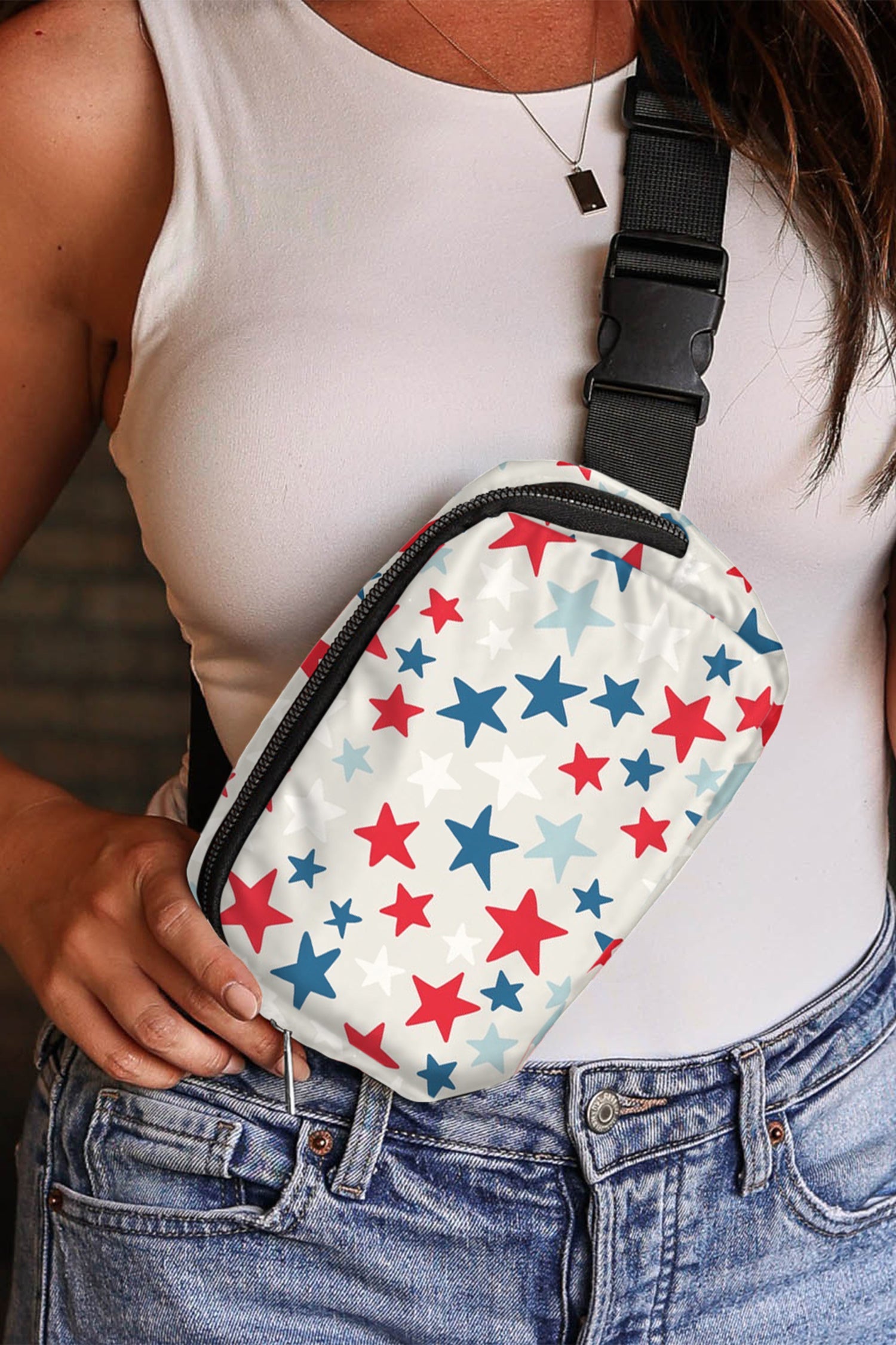 White Star Printed Buckle Strap Flag Day Crossbody Bag-Shoes & Bags/Crossbody Bags-[Adult]-[Female]-2022 Online Blue Zone Planet