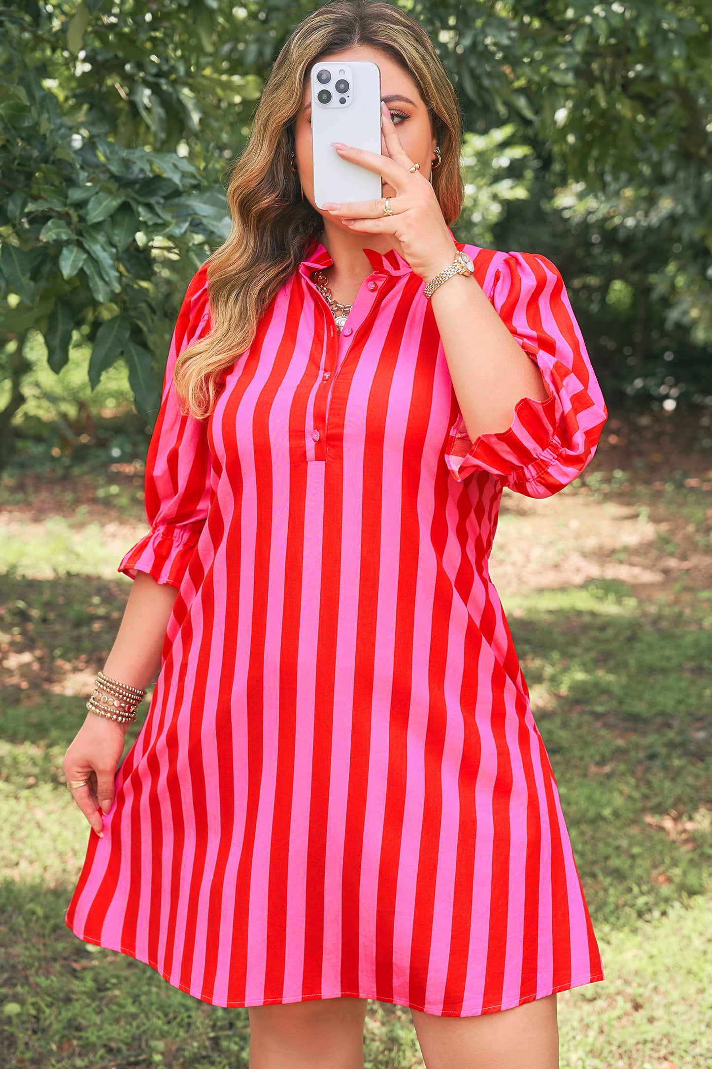 Rose Stripe Frilled Collar Button Neck Short Sleeve Curvy Mini Dress-TOPS / DRESSES-[Adult]-[Female]-2022 Online Blue Zone Planet