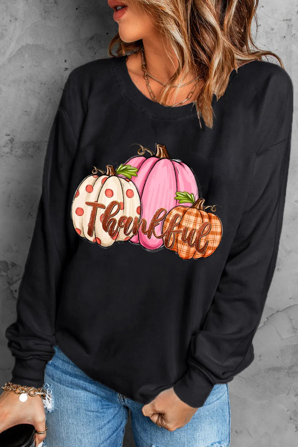 Blue Zone Planet | Pumpkin Graphic Round Neck Dropped Shoulder Sweatshirt-TOPS / DRESSES-[Adult]-[Female]-Black-S-2022 Online Blue Zone Planet