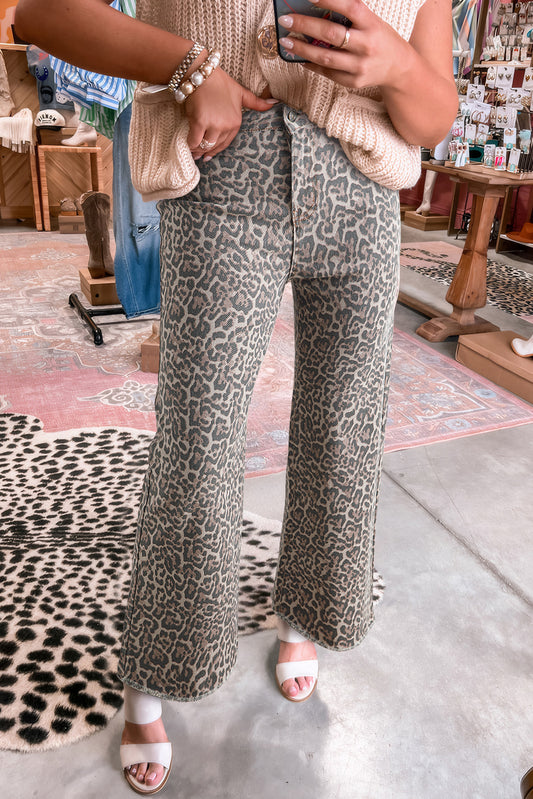 Brown Leopard Frayed Edge Wide Leg High Waist Jeans-Bottoms/Jeans-[Adult]-[Female]-Brown-4-2022 Online Blue Zone Planet