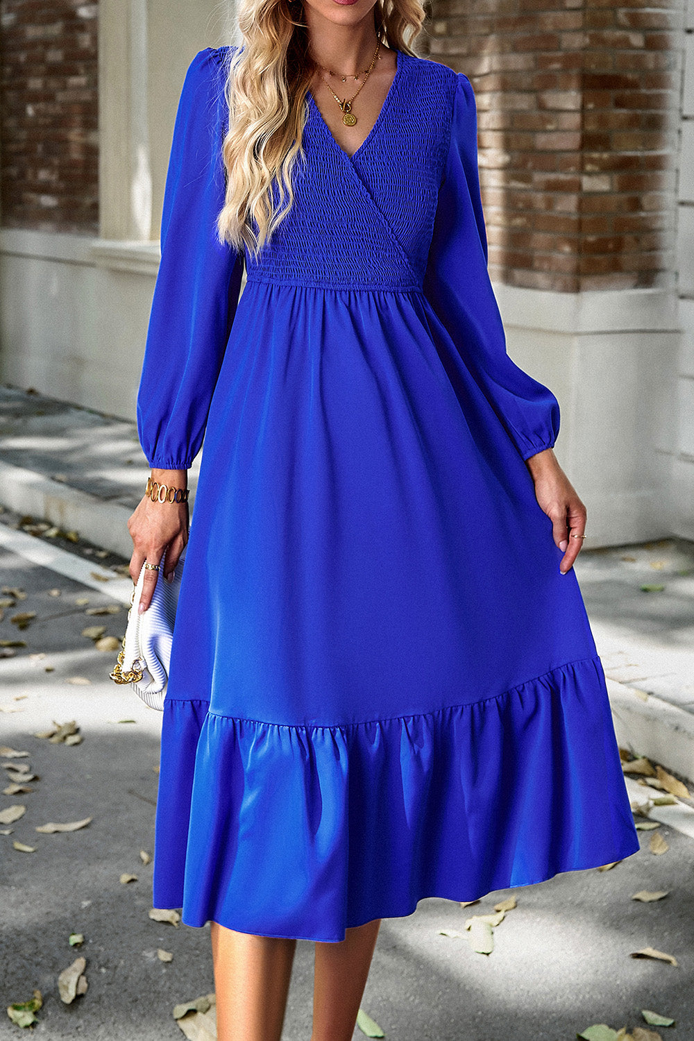 Smocked Surplice Long Sleeve Midi Dress-TOPS / DRESSES-[Adult]-[Female]-Royal Blue-S-2022 Online Blue Zone Planet