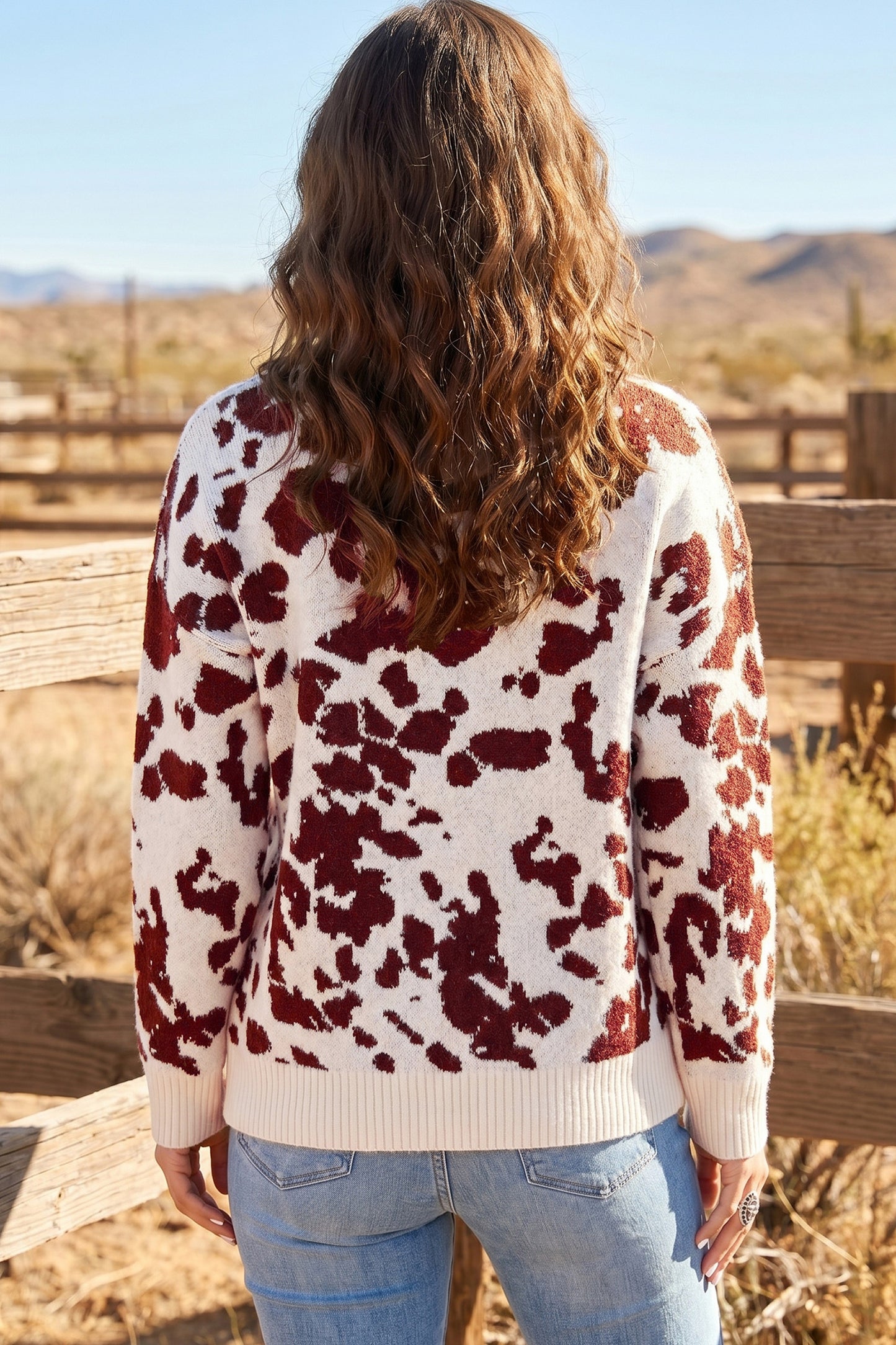 Brown Western Print Cow Pattern Long Sleeve Round Neck Pullover Knitwear Sweater
