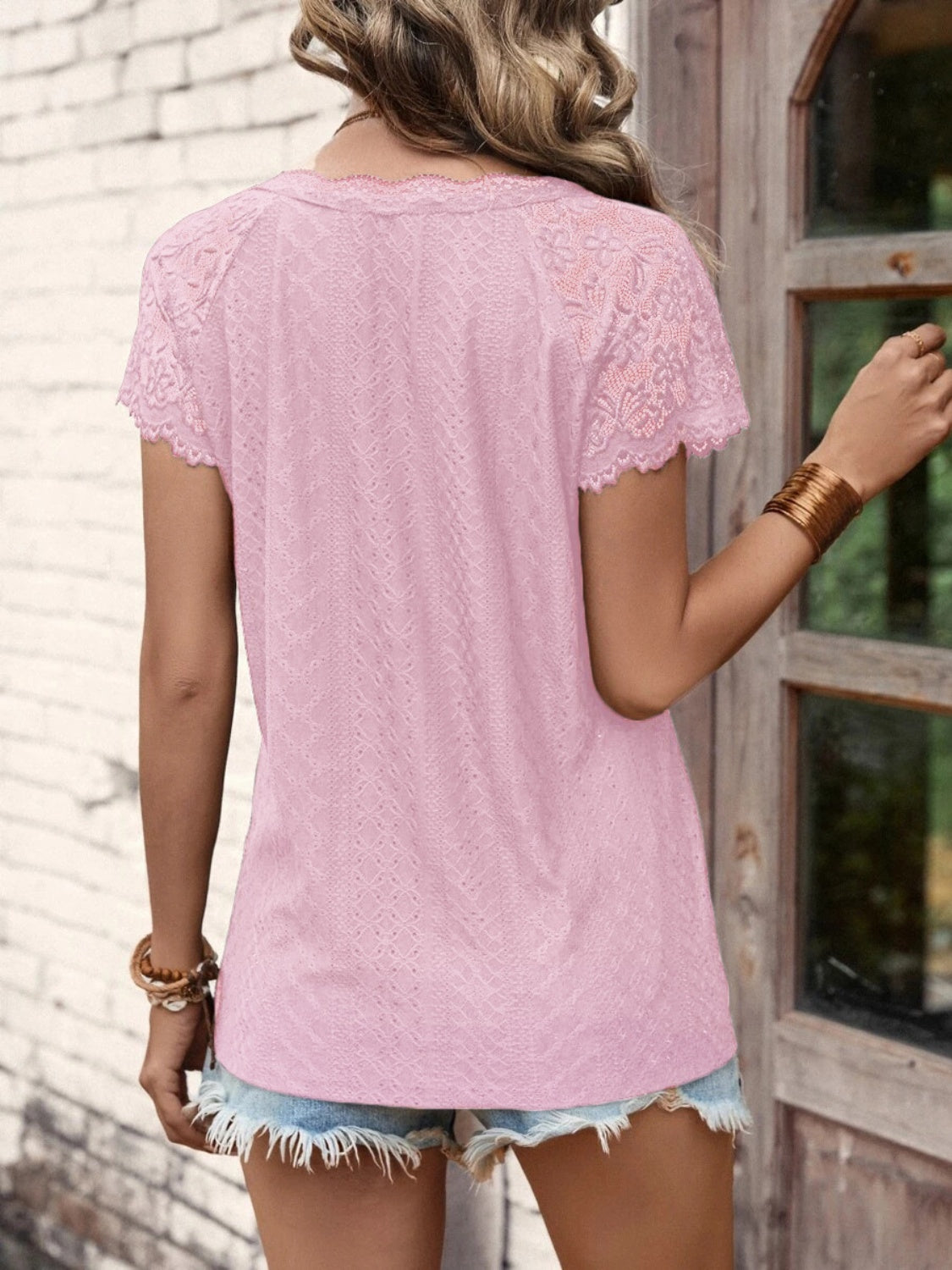 Lace Detail V-Neck Short Sleeve T-Shirt-TOPS / DRESSES-[Adult]-[Female]-2022 Online Blue Zone Planet