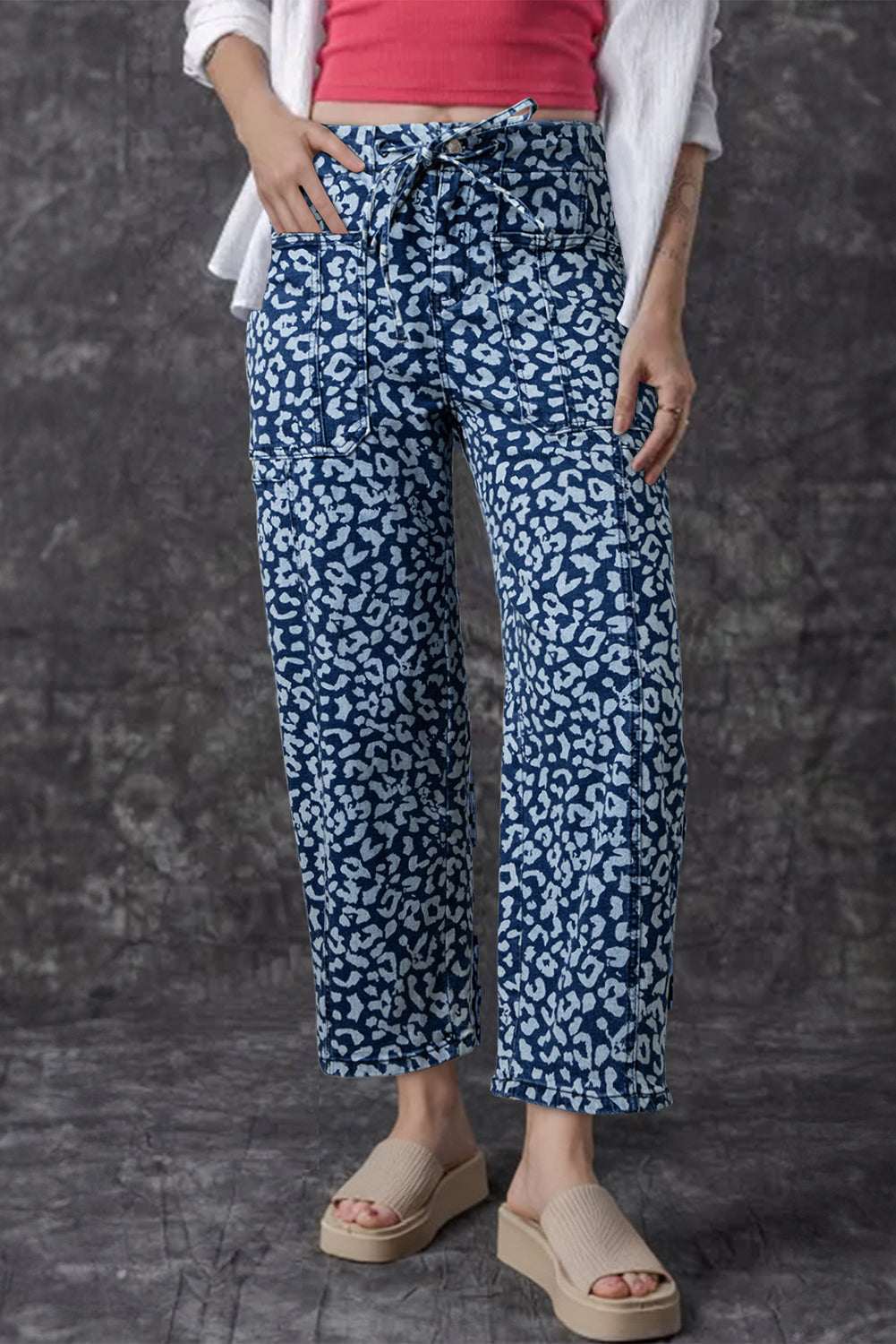 Blue Leopard Printed Drawstring Elastic Waistband Pocketed Wide Leg Jeans-Bottoms/Jeans-[Adult]-[Female]-2022 Online Blue Zone Planet