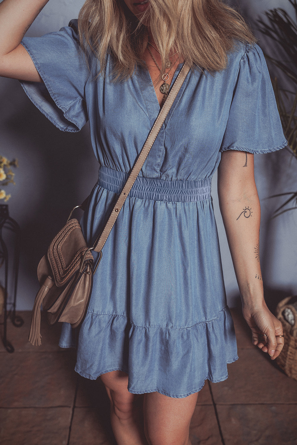 Ashleigh Blue Ruffled V Neck Smocked High Waist Denim Mini Dress-TOPS / DRESSES-[Adult]-[Female]-2022 Online Blue Zone Planet