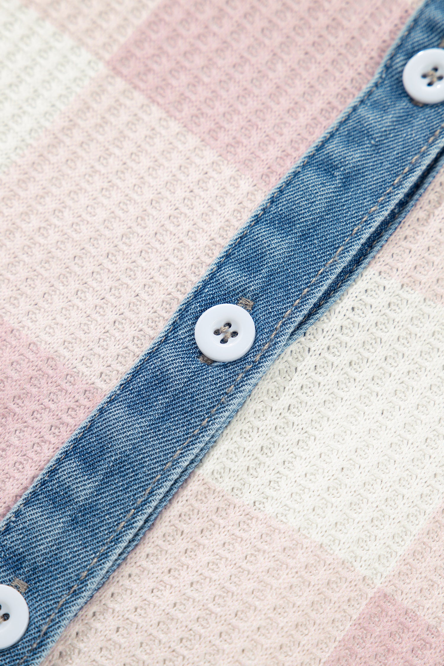 Pink Waffle Plaid Print Contrast Denim Shirt Collar Buttoned T Shirt Mini Dress-TOPS / DRESSES-[Adult]-[Female]-2022 Online Blue Zone Planet