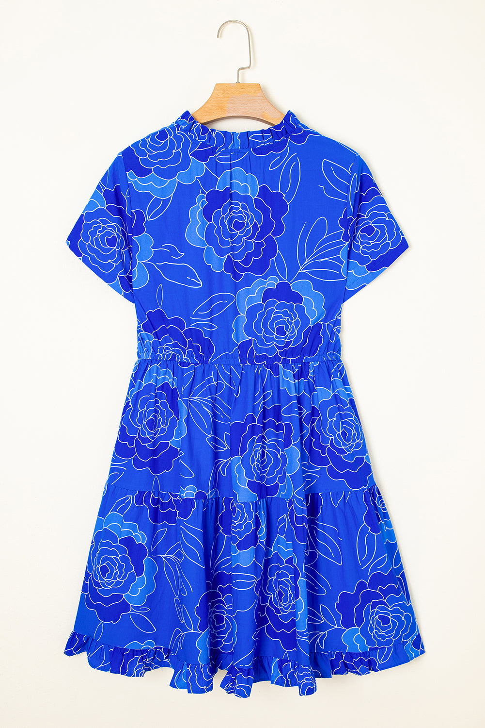 Blue Floral Ruffled Hem V Neck Short Sleeve Flowy Mini Dress-Dresses/Floral Dresses-[Adult]-[Female]-2022 Online Blue Zone Planet