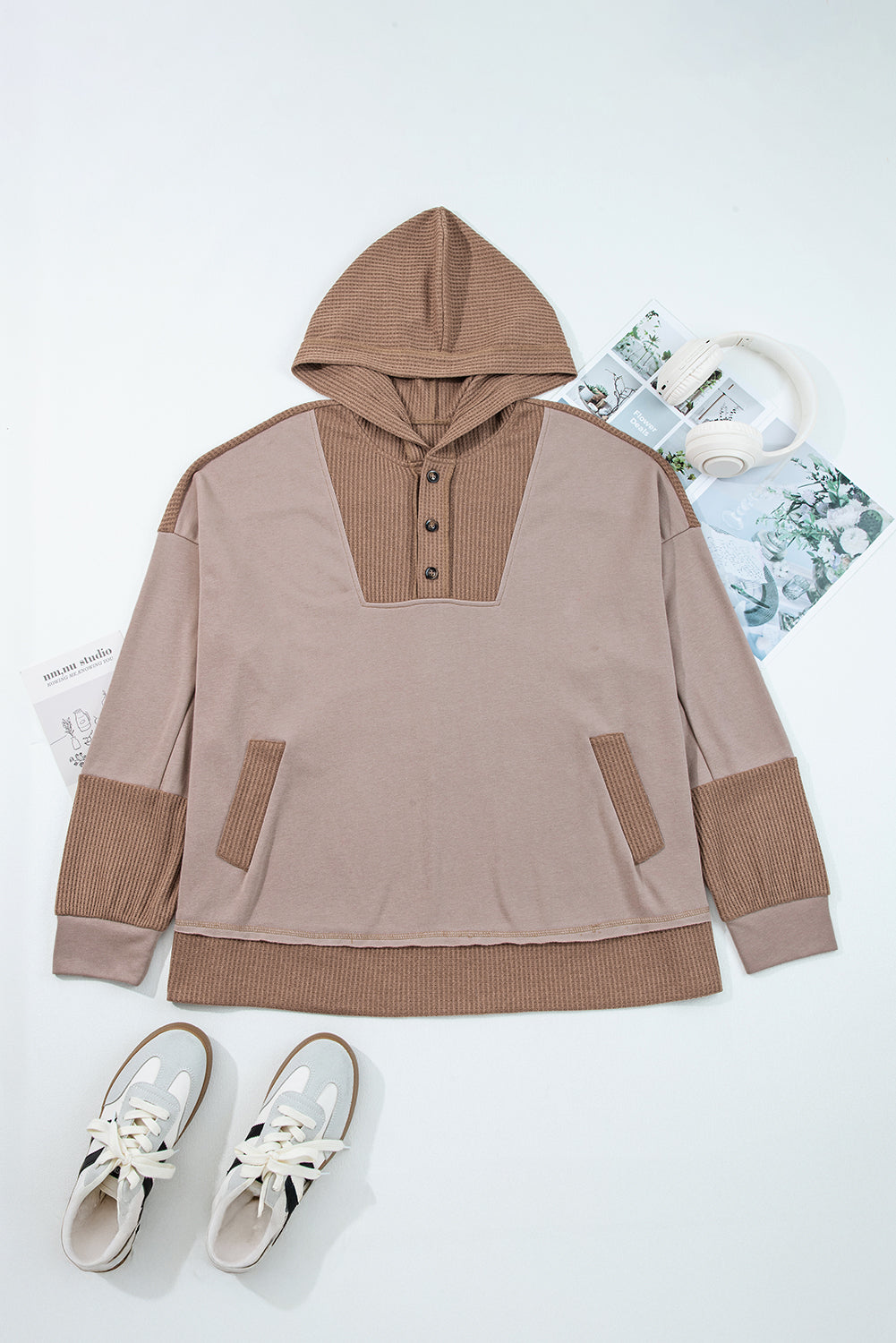 Goat Waffle Contrast Patchwork Plus Size Pocketed Hoodie-Plus Size/Plus Size Sweatshirts & Hoodies-[Adult]-[Female]-Goat-1X-2022 Online Blue Zone Planet