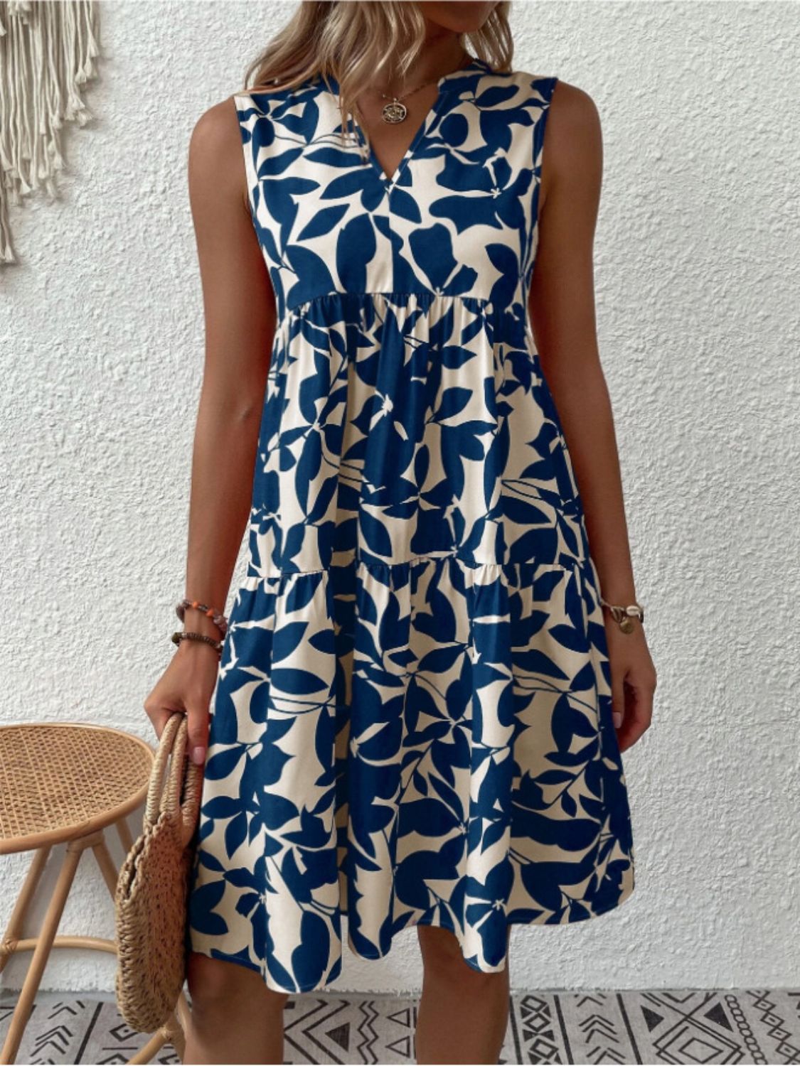 Printed Notched Sleeveless Mini Dress-TOPS / DRESSES-[Adult]-[Female]-2022 Online Blue Zone Planet