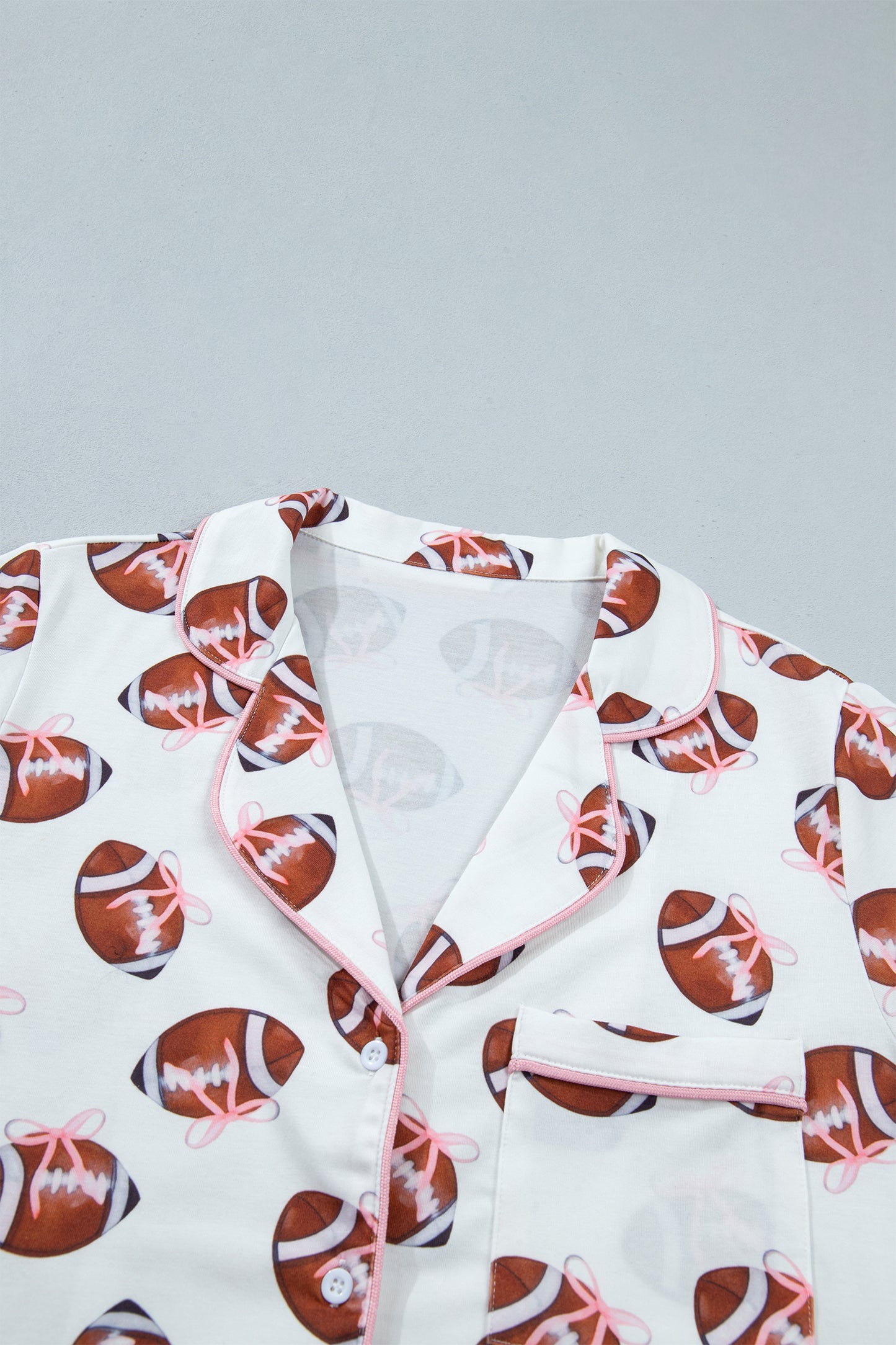 White Rugby Print Short Sleeve Button Down Top Loose Pants Game Day Pajama Set-Loungewear & Sleepwear/Sleepwear-[Adult]-[Female]-2022 Online Blue Zone Planet