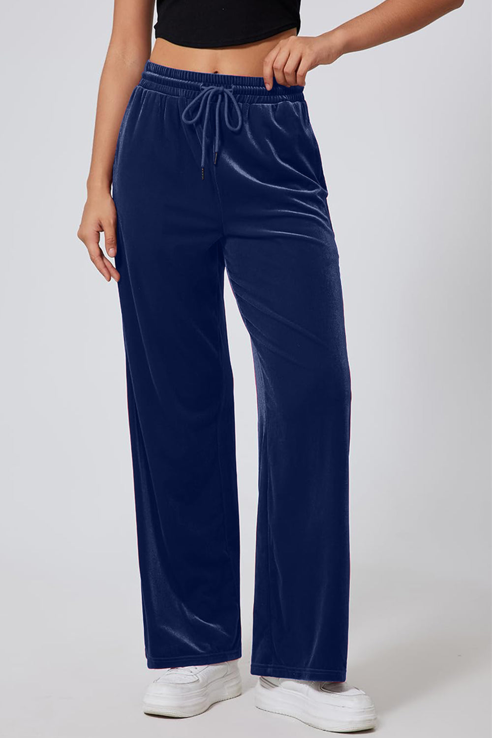 Drawstring Elastic Waist Straight Leg Pants-BOTTOMS SIZES SMALL MEDIUM LARGE-[Adult]-[Female]-Navy-S-2022 Online Blue Zone Planet