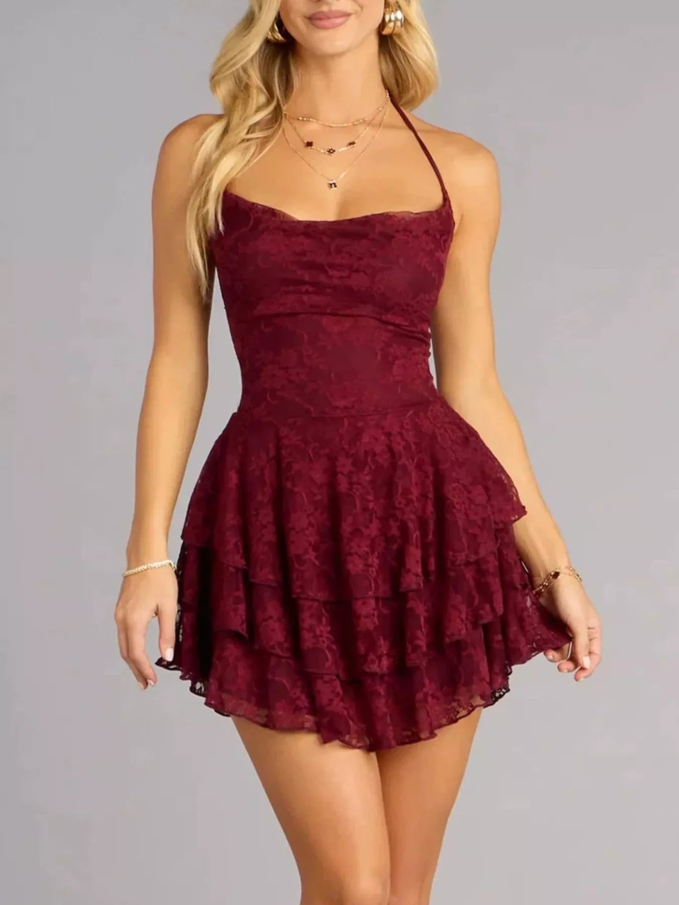 Linda's Lace Ruffle Halter Neck Mini Dress - Blue Zone Planet