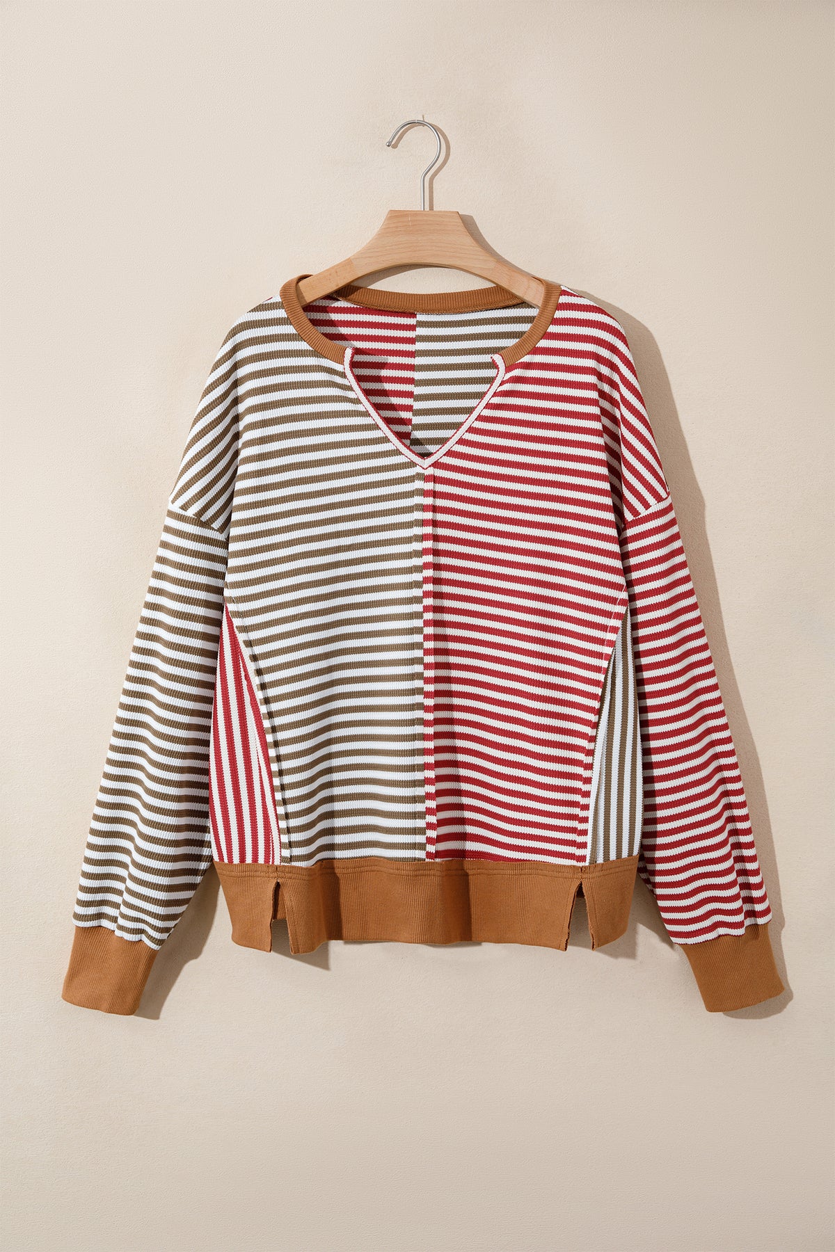 Red Striped Colorblock V Neck Long Sleeve Top-Tops/Long Sleeve Tops-[Adult]-[Female]-2022 Online Blue Zone Planet