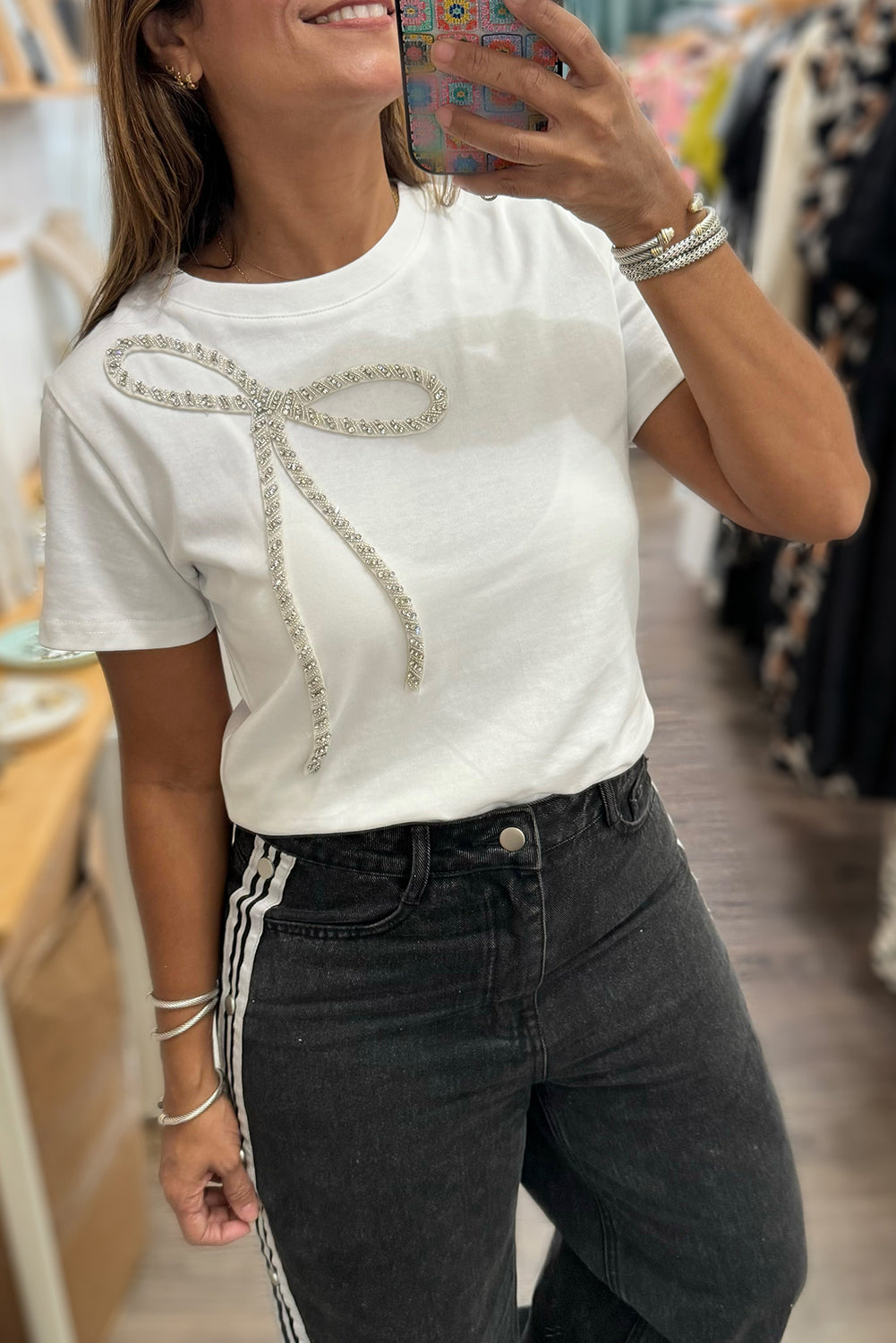 White Rhinestone Bow Embellished Round Neck Tee-Tops/Tops & Tees-[Adult]-[Female]-2022 Online Blue Zone Planet