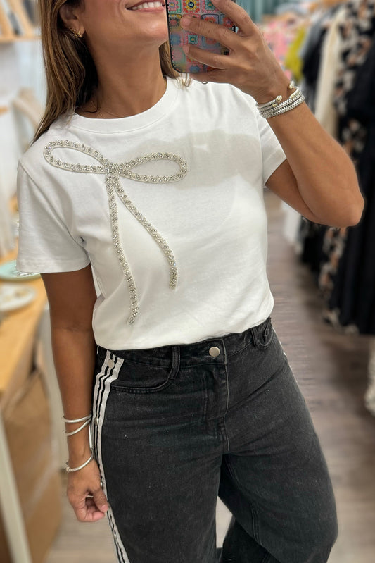 White Rhinestone Bow Embellished Round Neck Tee-Tops/Tops & Tees-[Adult]-[Female]-2022 Online Blue Zone Planet